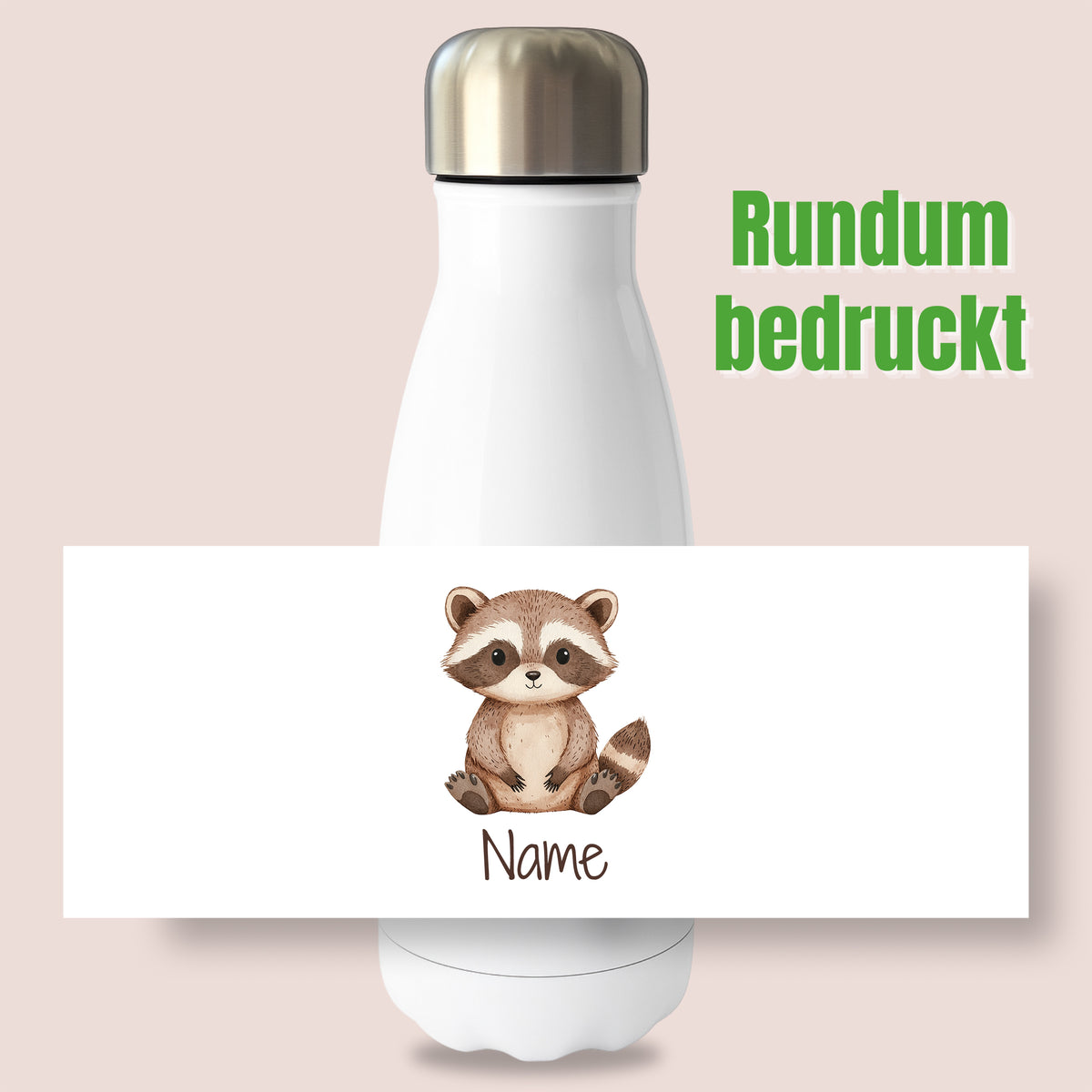 Thermoflasche mit Waschbärmotiv und Wunschname, Ansicht „Rundum bedruckt“