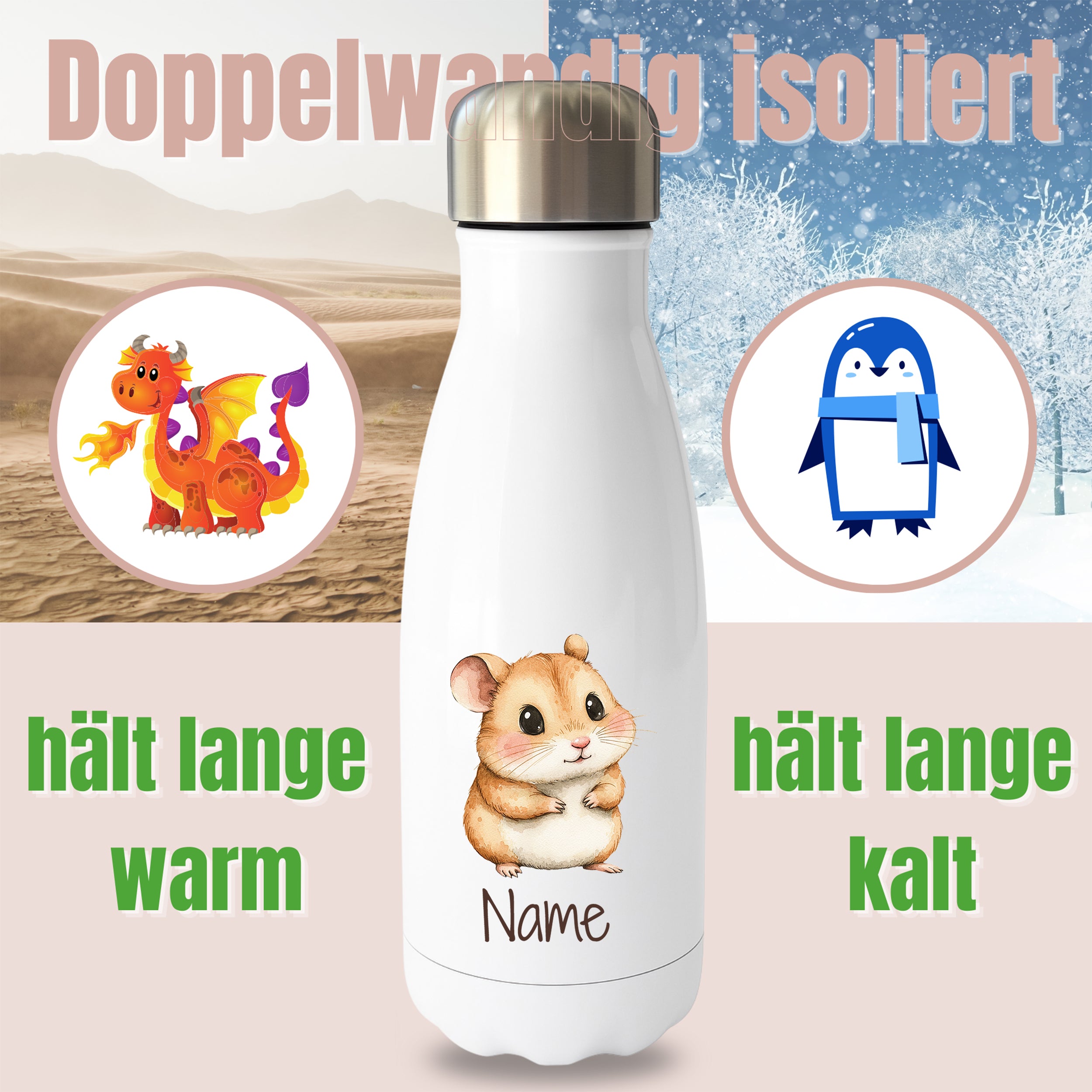 Weiße Thermoflasche mit Hamstermotiv und Wunschname, Hinweis auf doppelwandige Isolierung