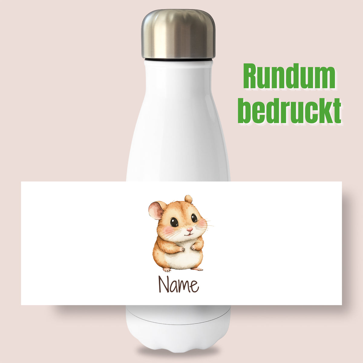 Thermoflasche mit Hamstermotiv und Wunschname, Ansicht „Rundum bedruckt“