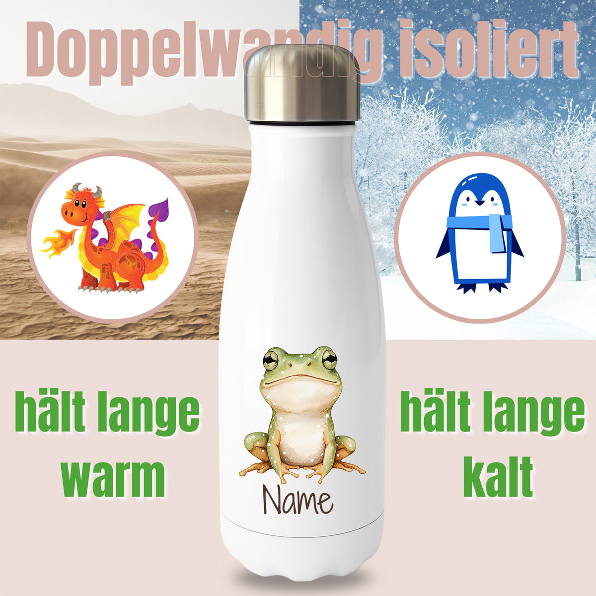 Weiße Thermoflasche mit Froschmotiv und Wunschname, Hinweis auf doppelwandige Isolierung