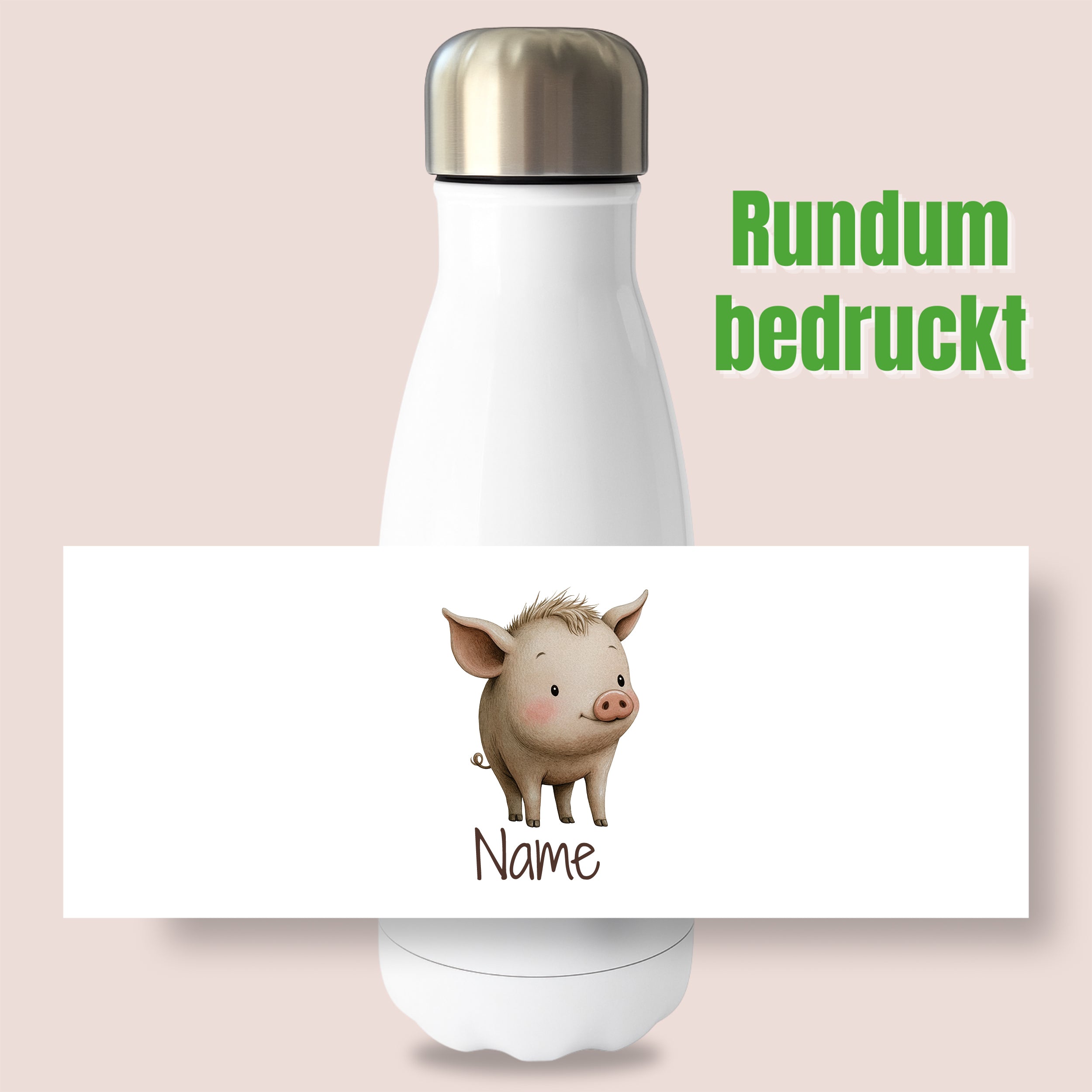 Thermoflasche mit Schweinmotiv und Wunschname, Ansicht „Rundum bedruckt“