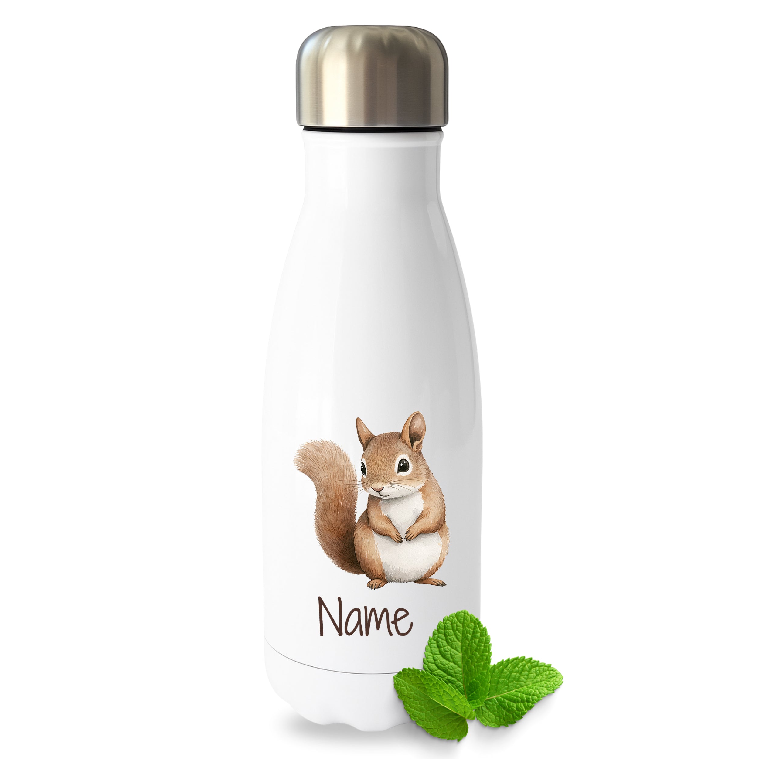 Weiße Thermoflasche mit Eichhörnchenmotiv und Wunschname
