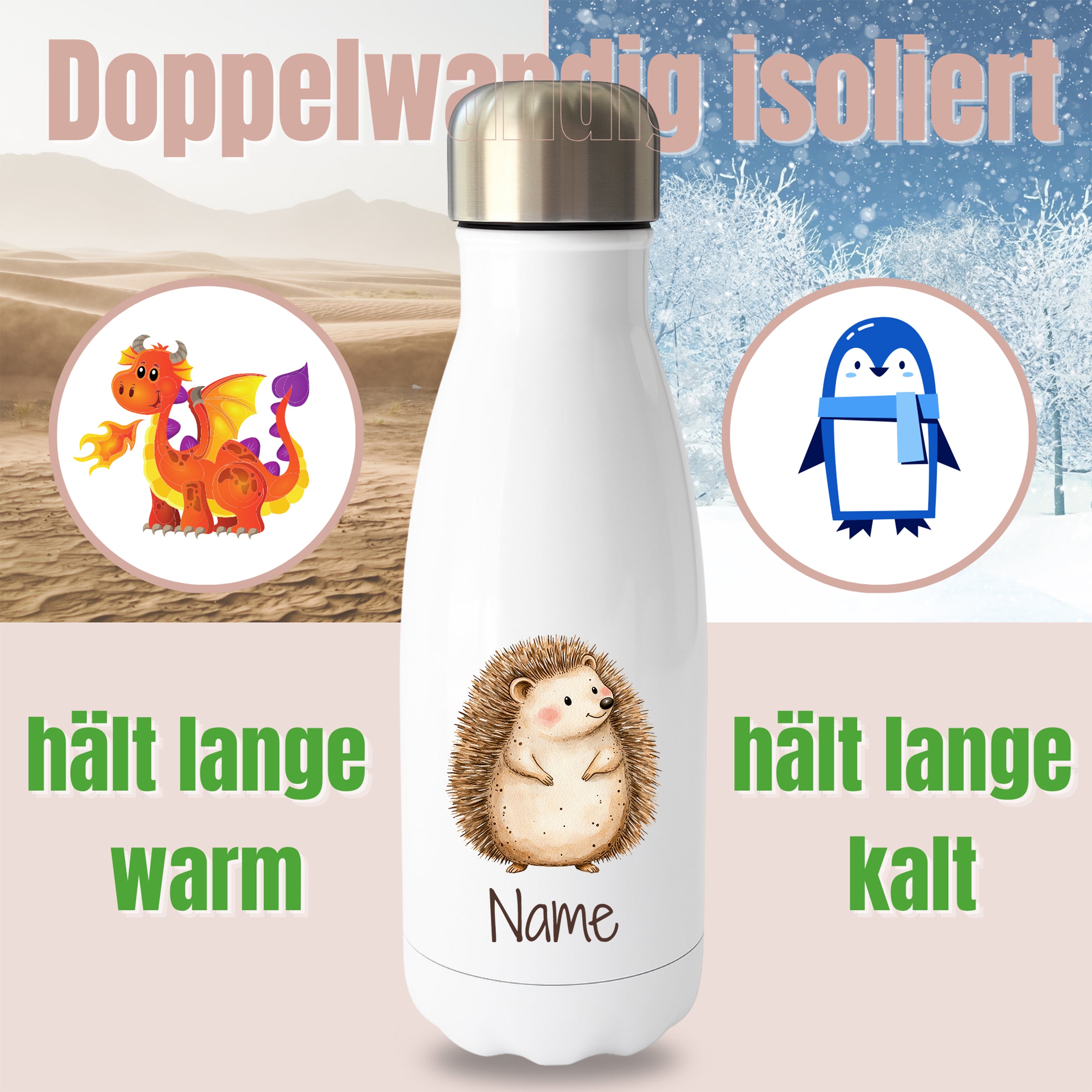 Weiße Thermoflasche mit Igelmotiv und Wunschname, Hinweis auf doppelwandige Isolierung