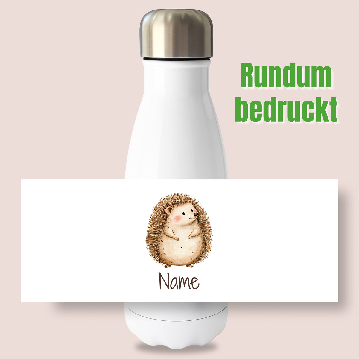 Thermoflasche mit Igelmotiv und Wunschname, Ansicht „Rundum bedruckt“