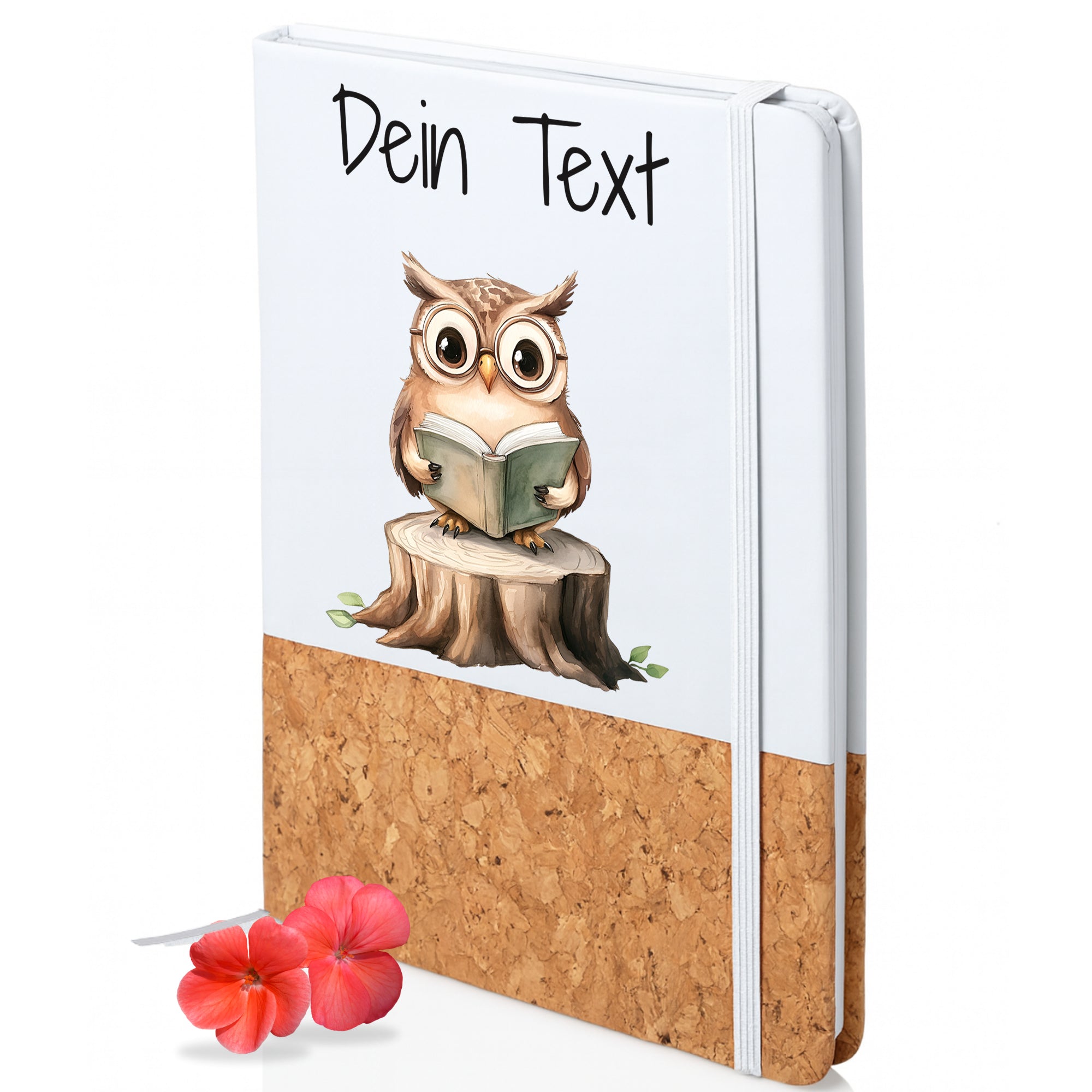 Notizbuch mit Eule auf Büchern und personalisierbarem Text