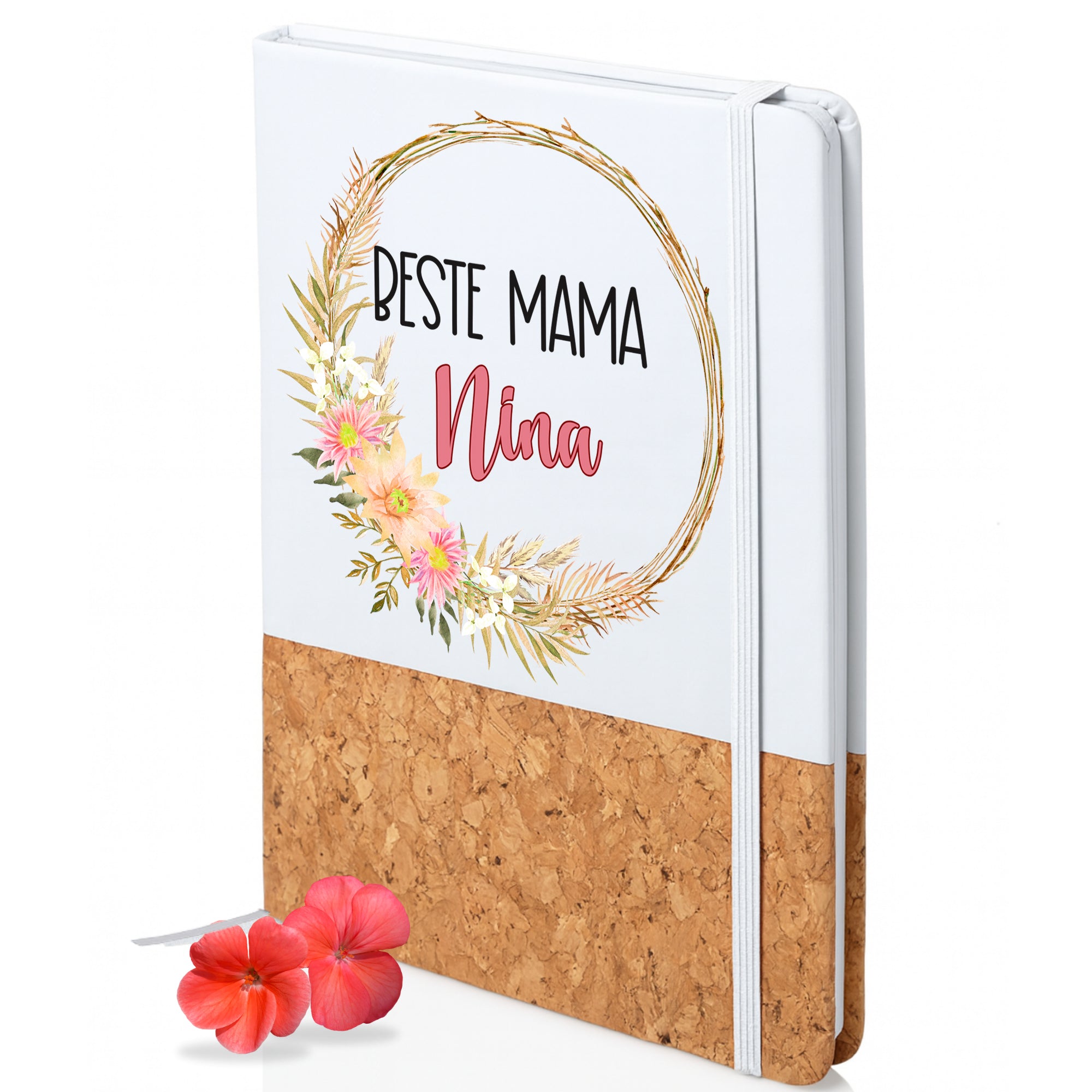 Notizbuch mit Korkboden, "Beste Mama" und Blumenmotiv.