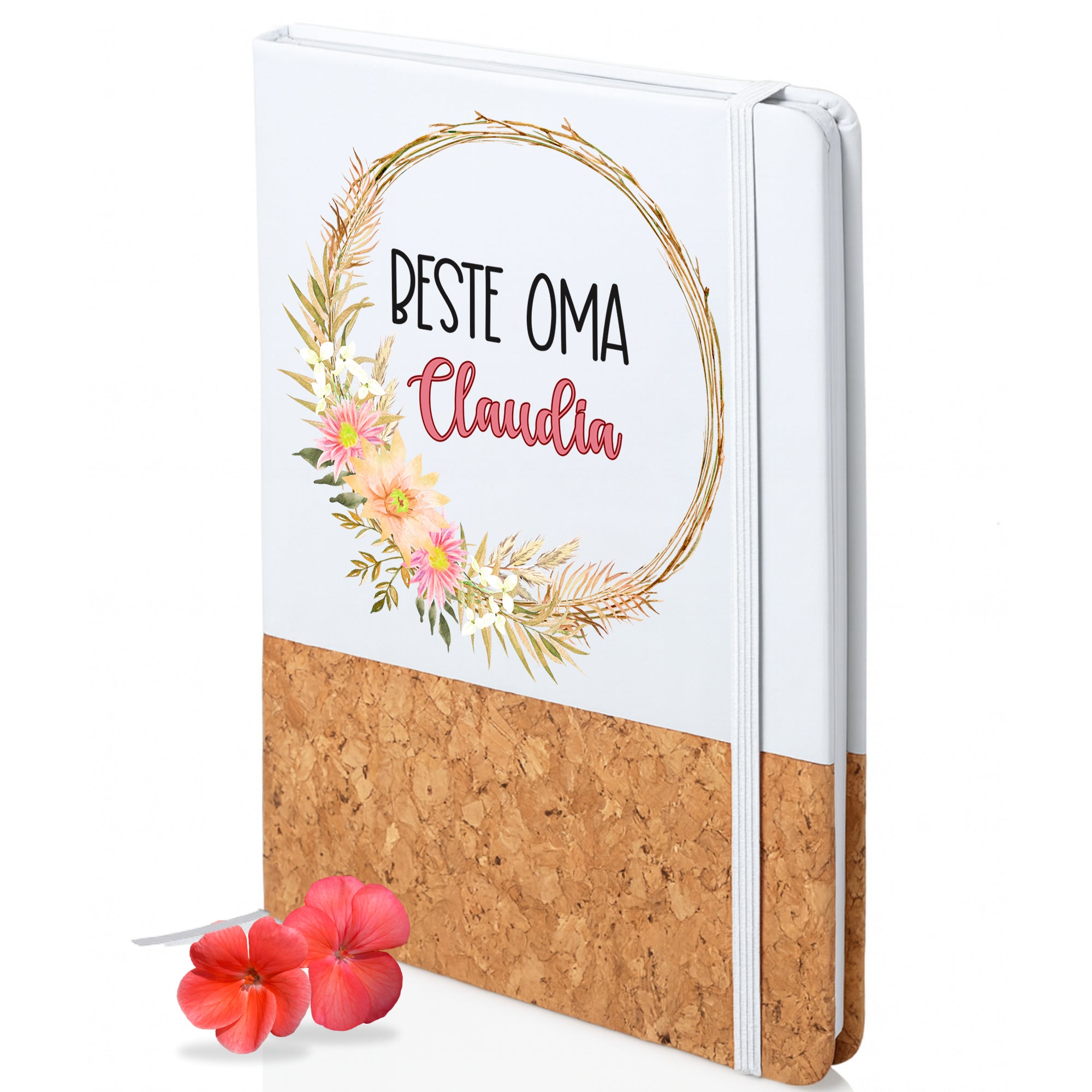 Notizbuch mit Korkunterseite, floraler Kranz, "Beste Oma Claudia"