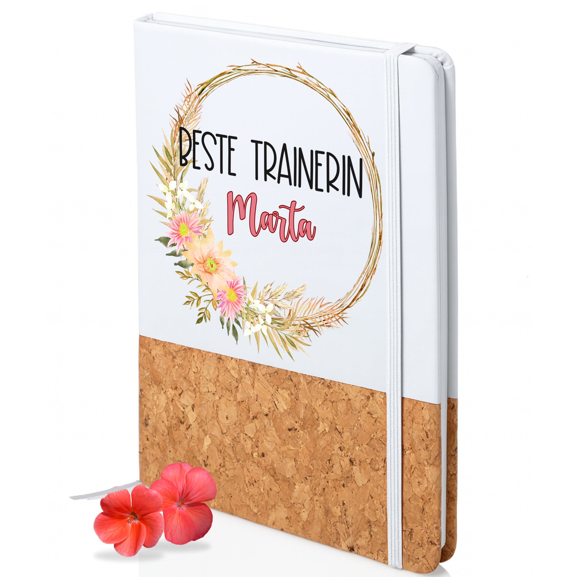Notizbuch mit floralem Design und Korkunterseite, personalisiert.
