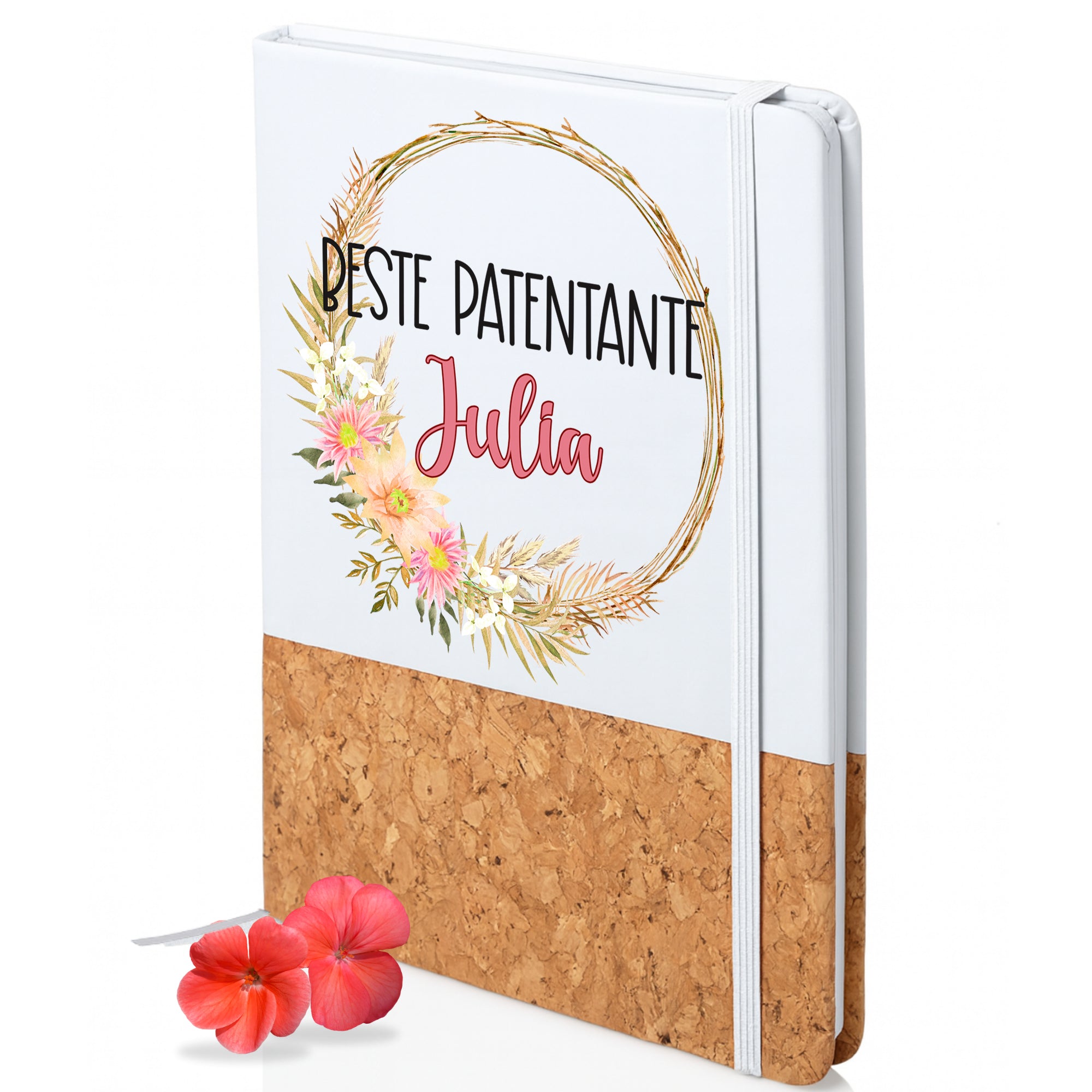 Notizbuch mit floralem Design, weiß und Korkunterseite.