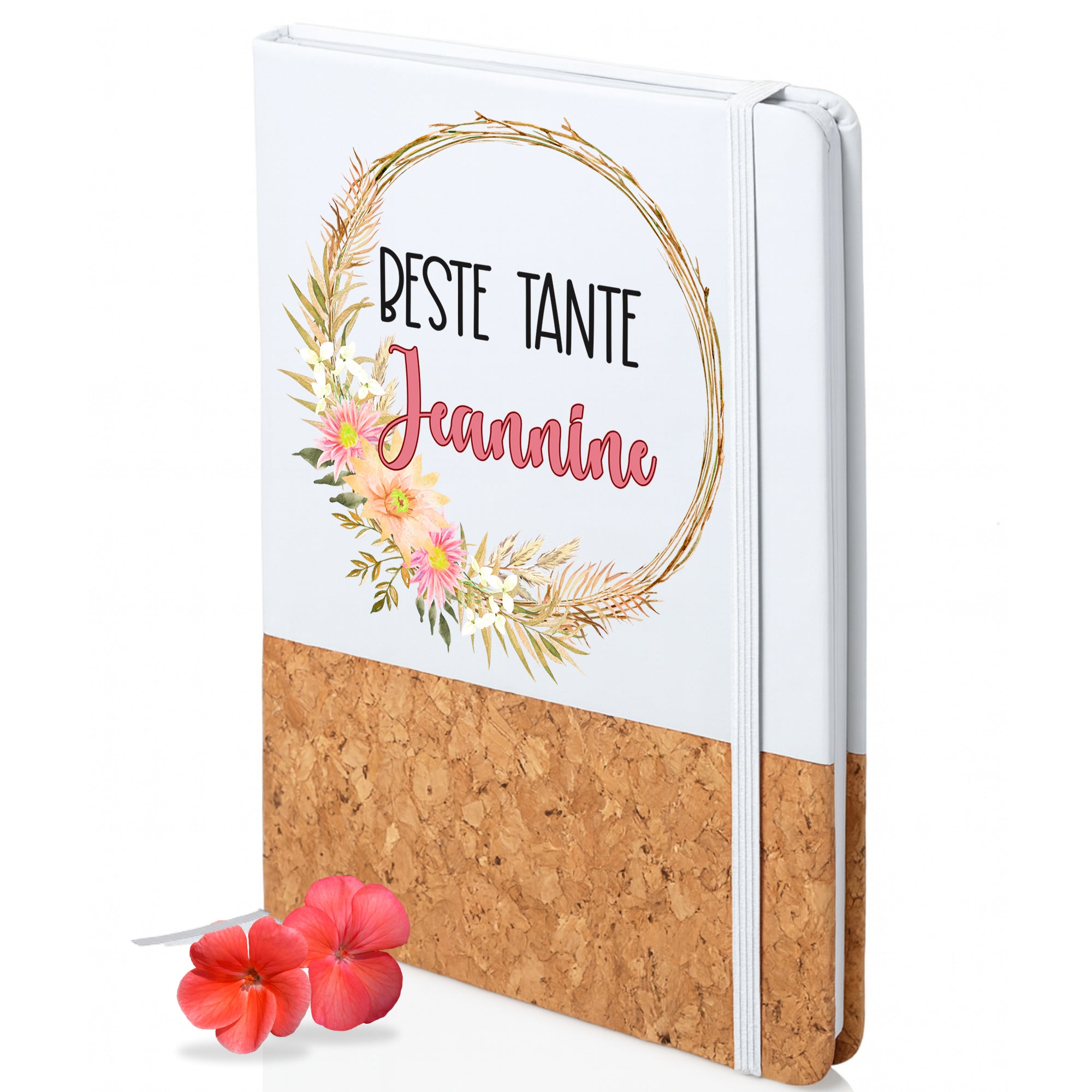 Notizbuch mit Korkboden, floraler Gestaltung, personalisiert für Tante Janinne.