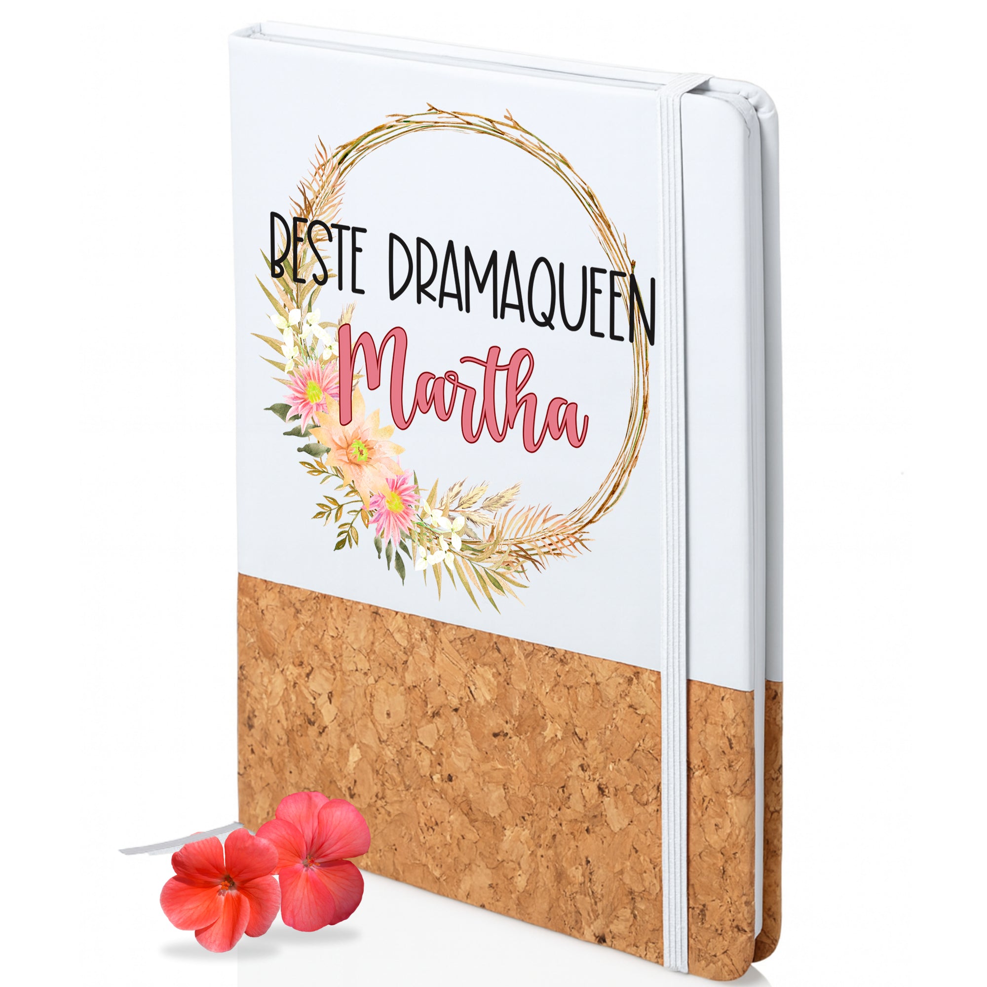 Notizbuch mit Korkboden, floraler Dekoration und personalisiertem Namen.