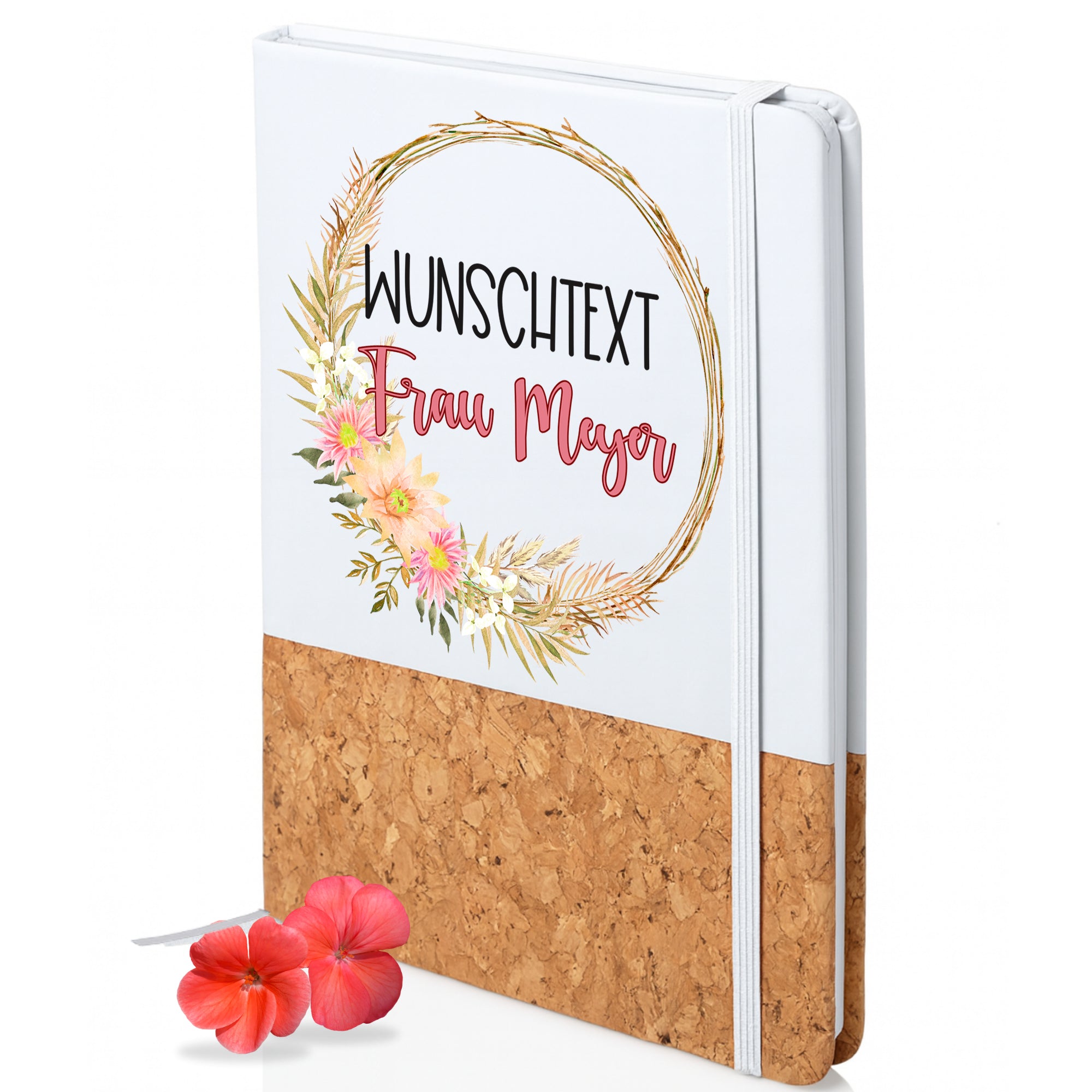 Notizbuch mit Korkboden und floralem Design, personalisiert.