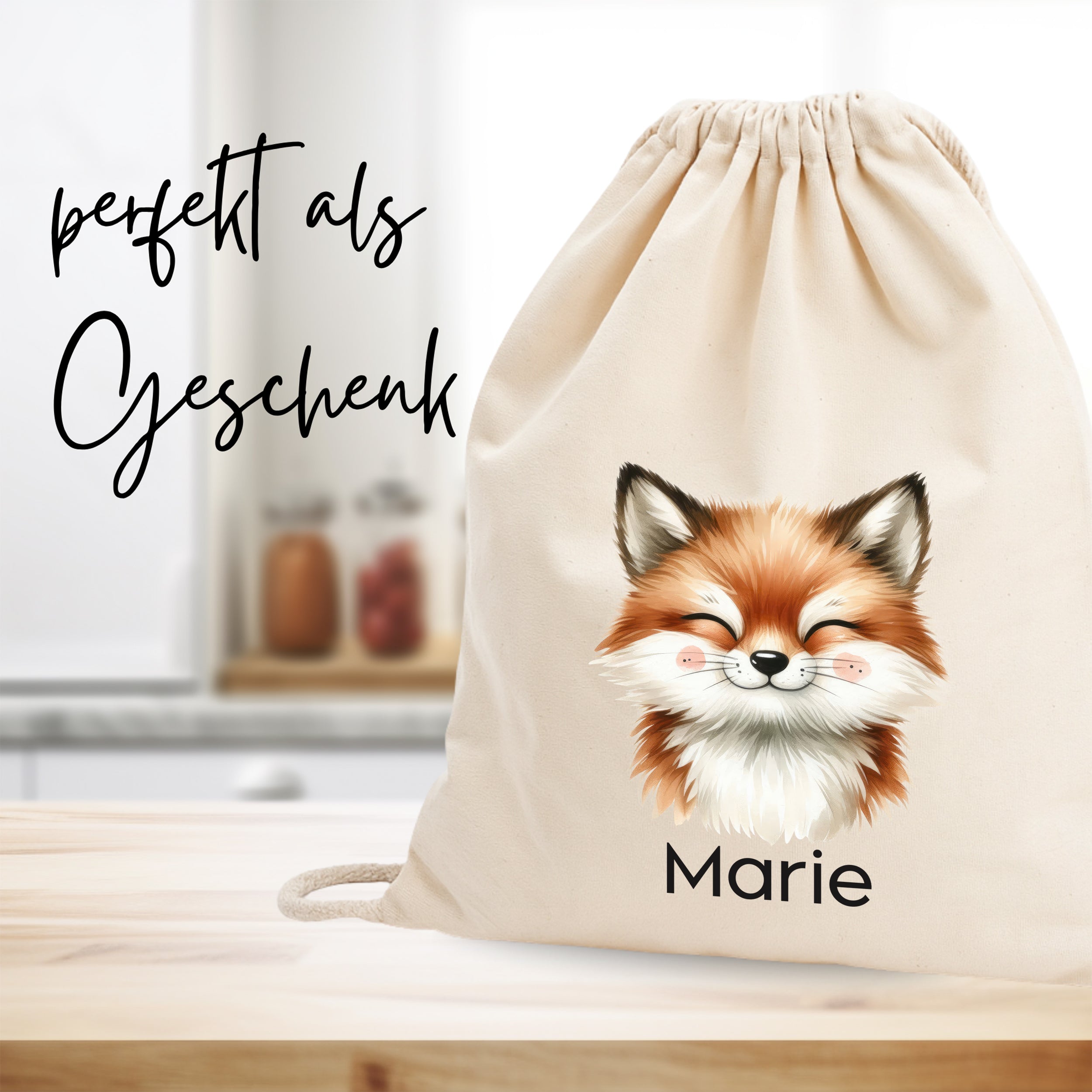 Beige Stoffbeutel mit Fuchs-Motiv und Name "Marie".