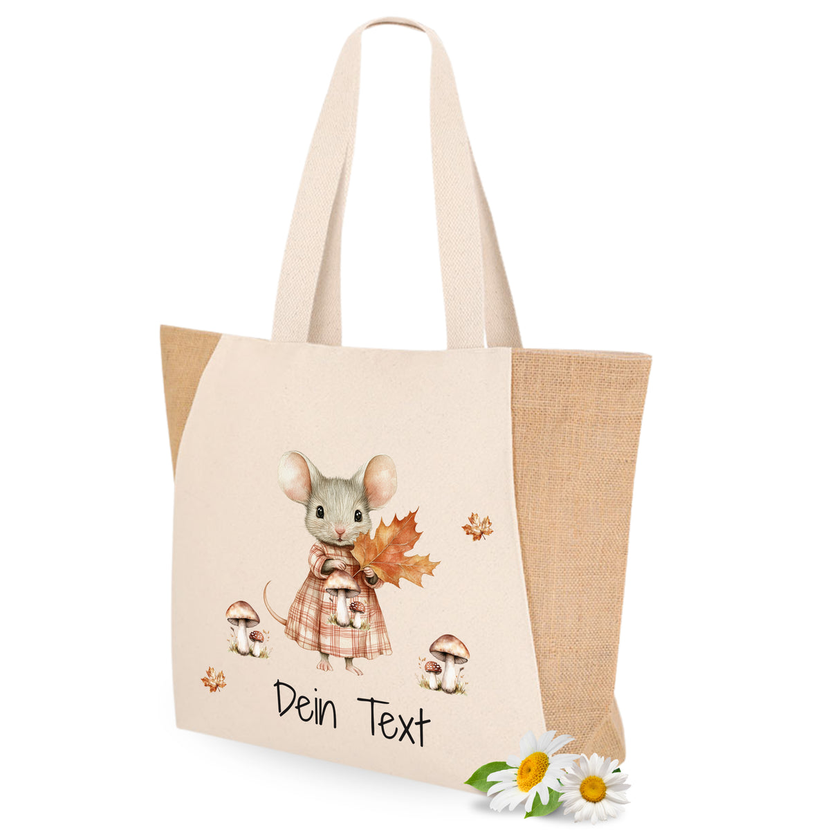 Beige Stofftasche mit Maus, Blättern und personalisiertem Text.
