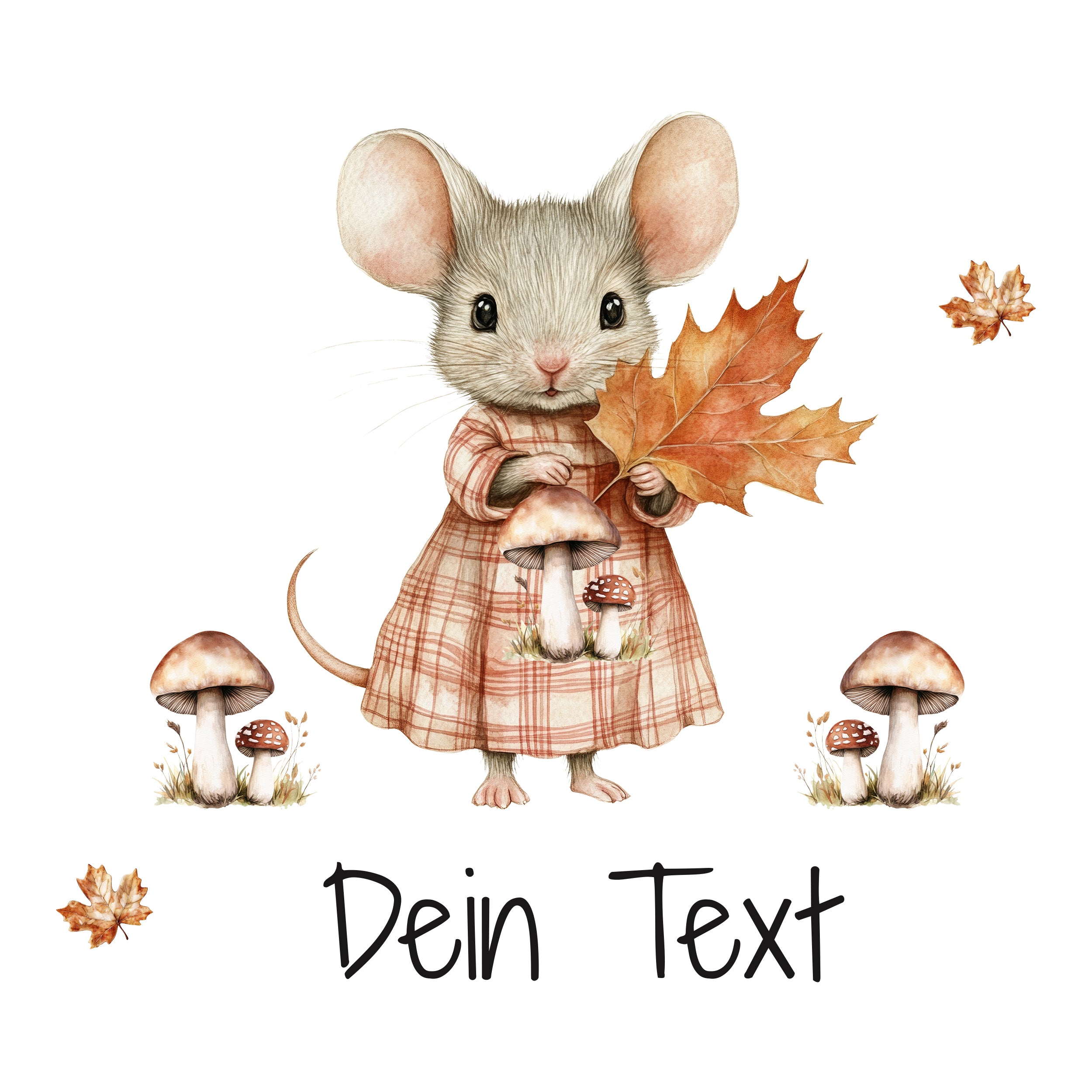 Maus in kariertem Kleid mit Pilzen und Herbstblatt.