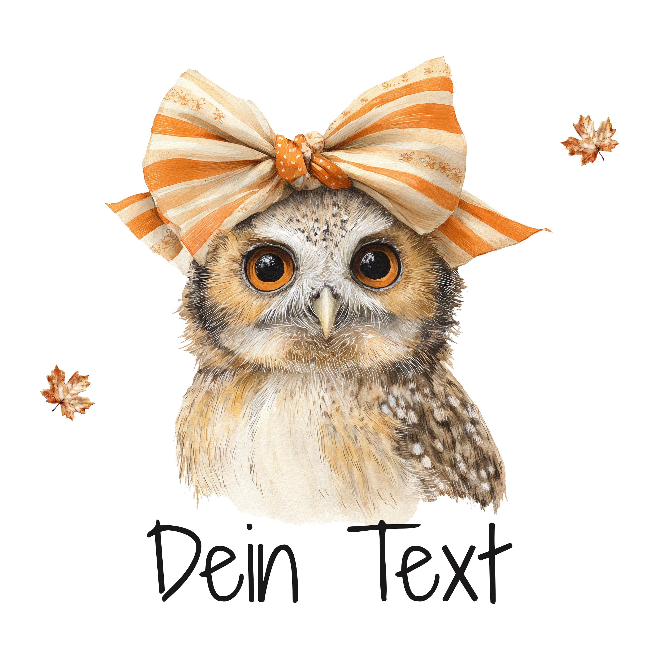 Eule mit orange-gestreiftem Schleifenband und herbstlichen Blättern.