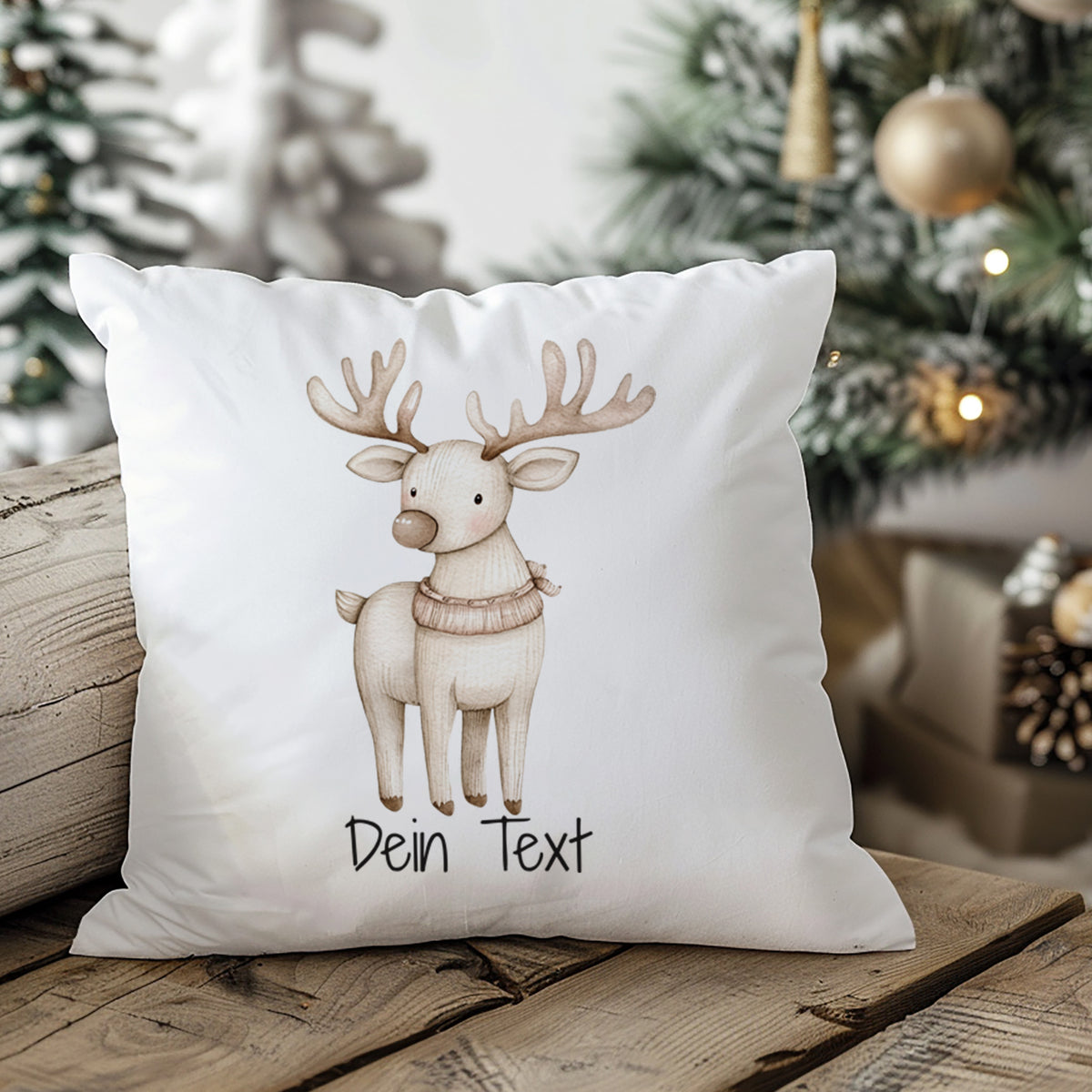 Kissen mit niedlichem Rentier-Motiv und personalisierbarem Text.