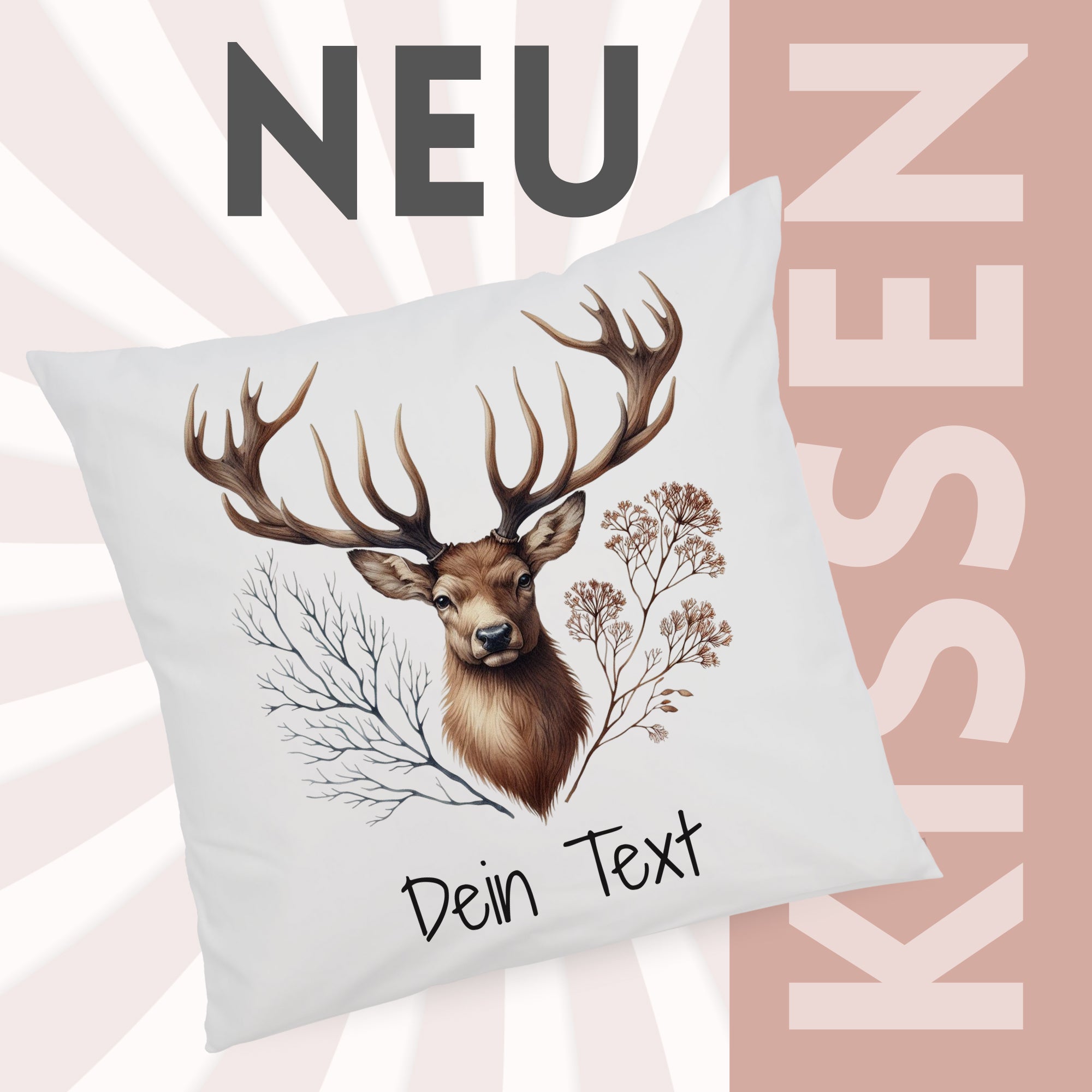 Kissen mit Hirschmotiv und personalisierbarem Text.