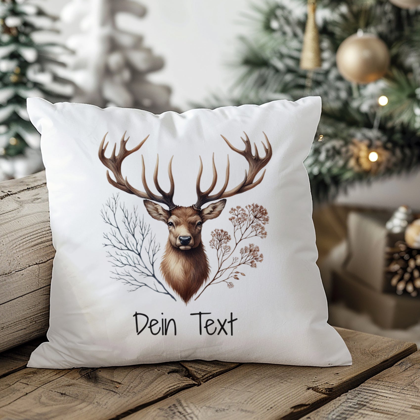 Kissen mit Hirschmotiv und personalisierbarem Text.