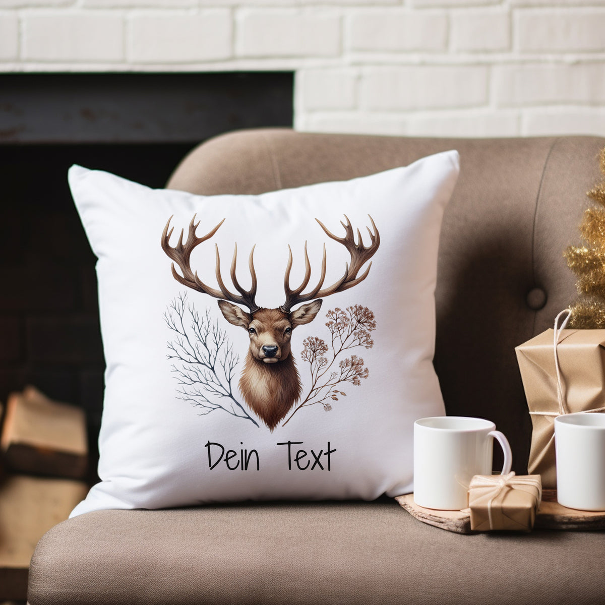 Kissen mit Hirschmotiv und personalisierbarem Text.