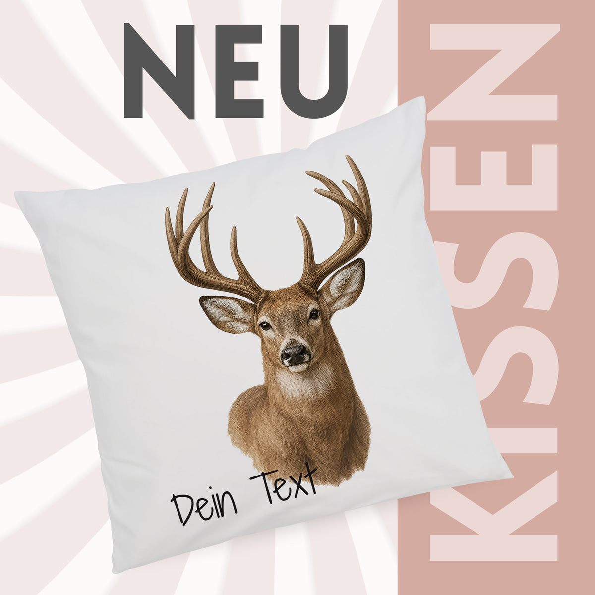 Kissen mit Hirschmotiv und personalisierbarem Text.