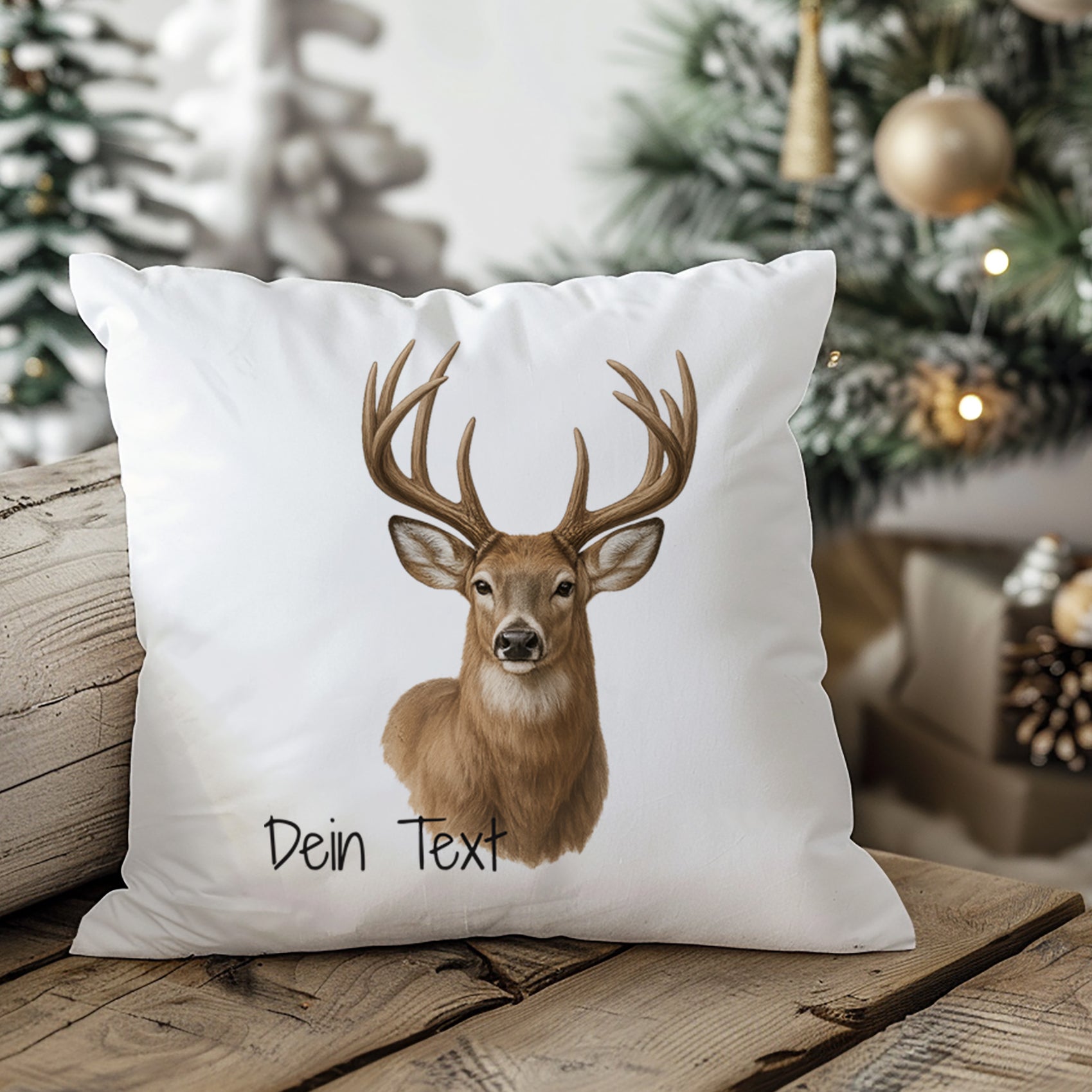 Kissen mit Hirschmotiv und personalisierbarem Text.