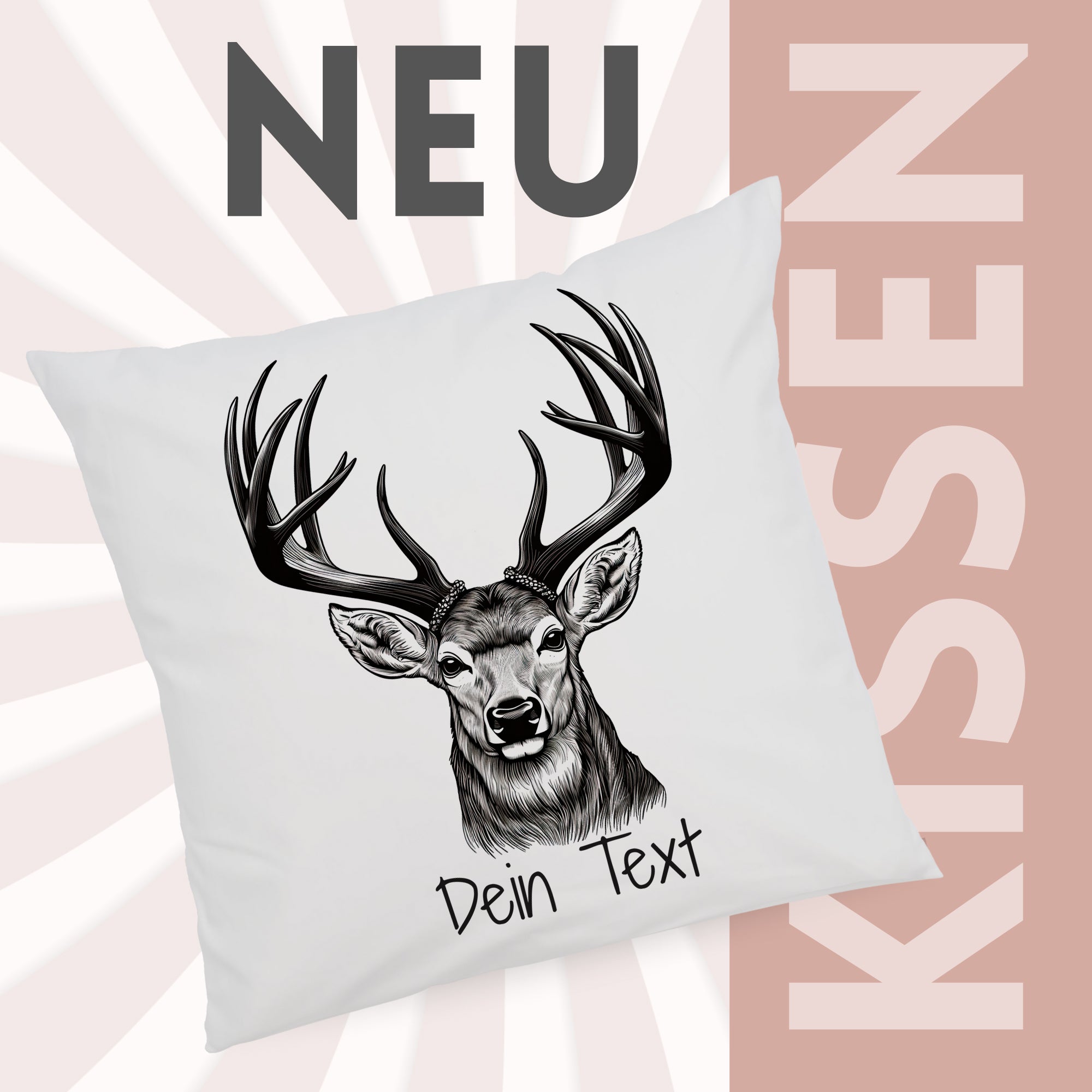 Kissen mit Hirschmotiv und personalisierbarem Text.