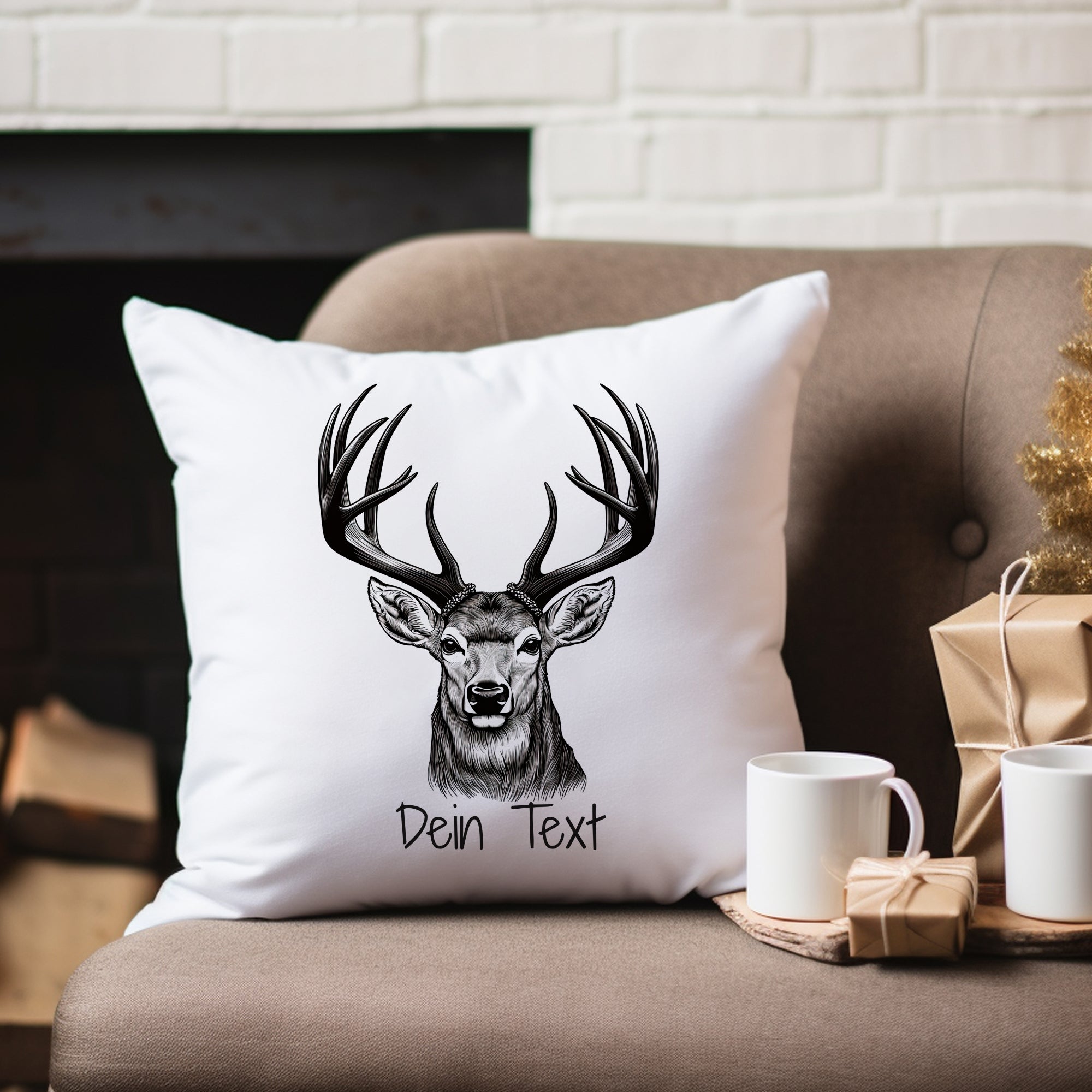 Kissen mit Hirschmotiv und personalisierbarem Text.