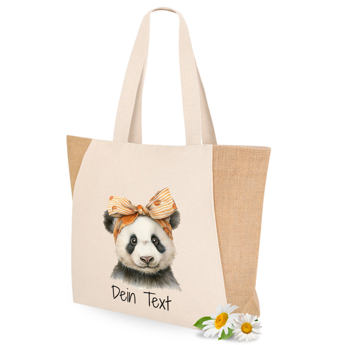 Beige Tasche mit Pandamotiv und personalisierbarem Text.
