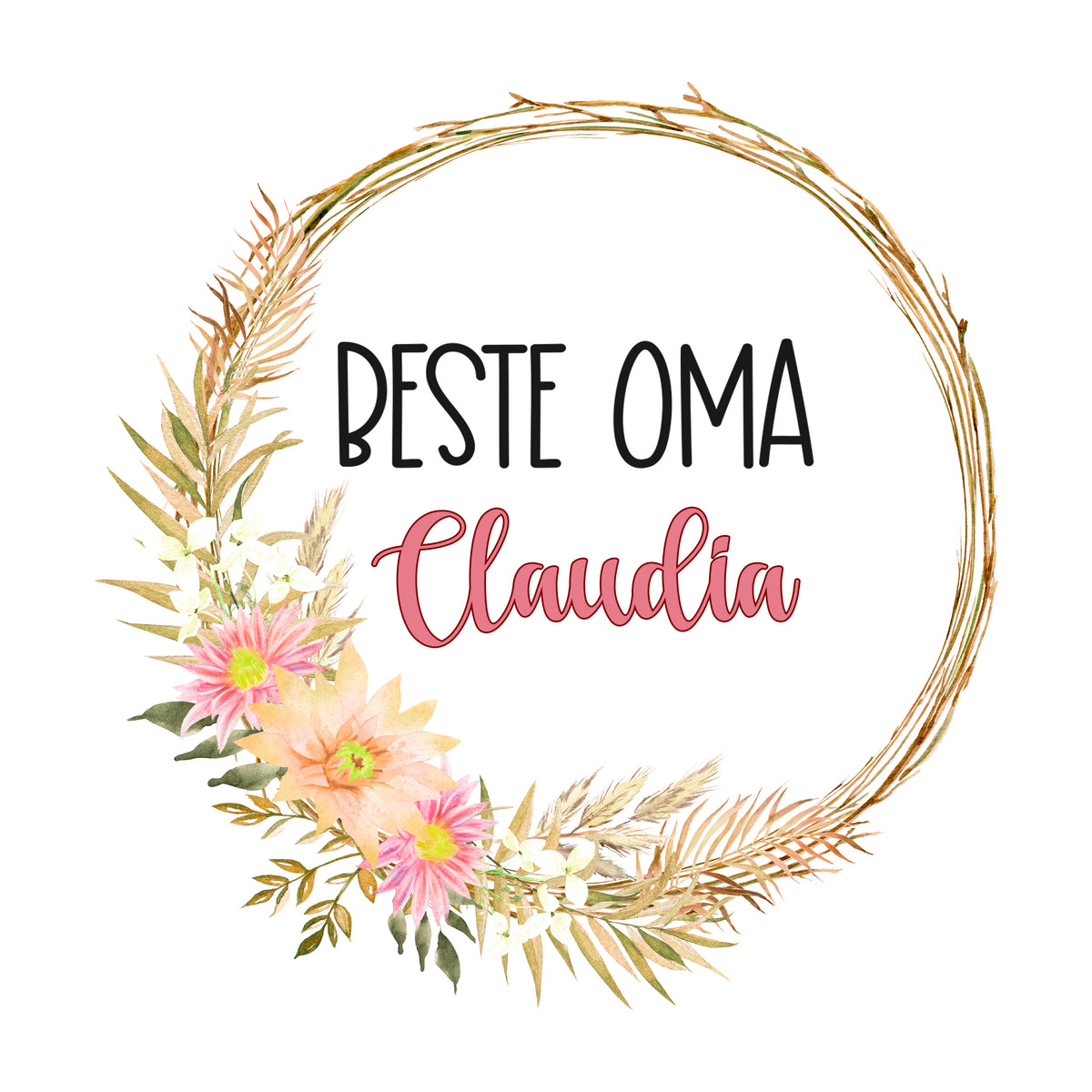 Beste Oma Claudia, floraler Kranz, pastellfarbene Blumen.