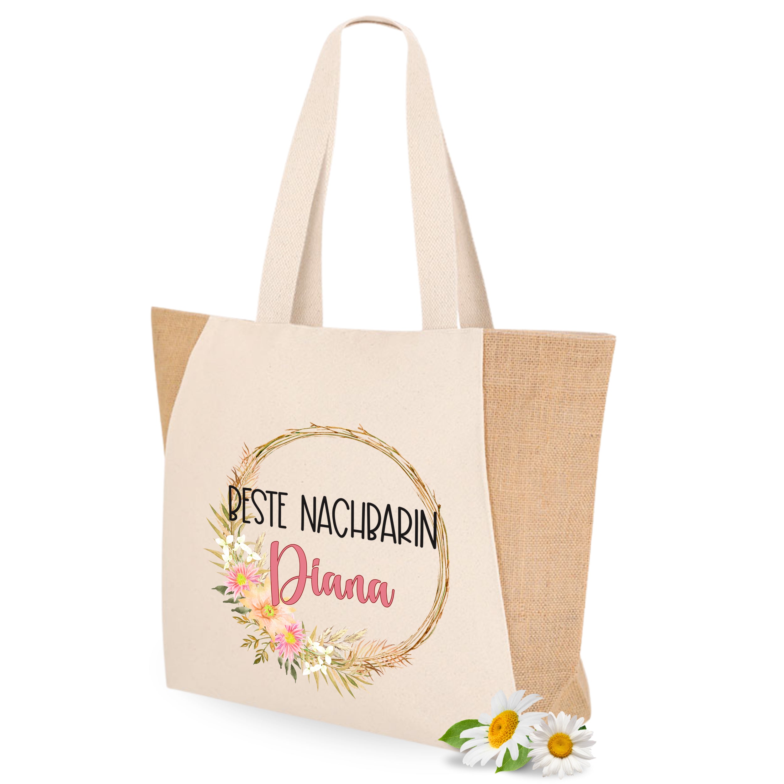 Beige Tragetasche mit floralem Design und persönlichem Namen.