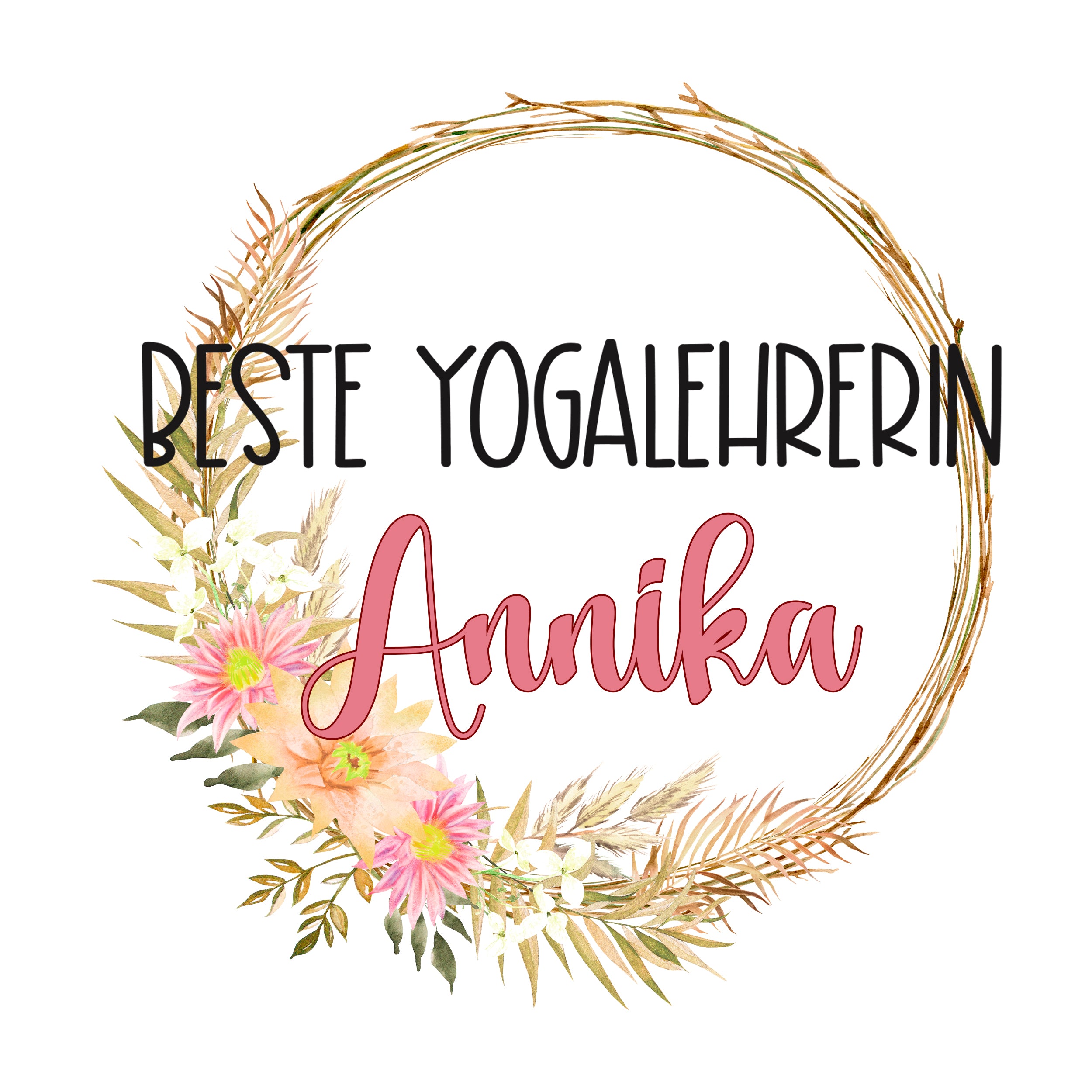 Beste Yogalehrerin Annika, florales Design, rosa und grün.