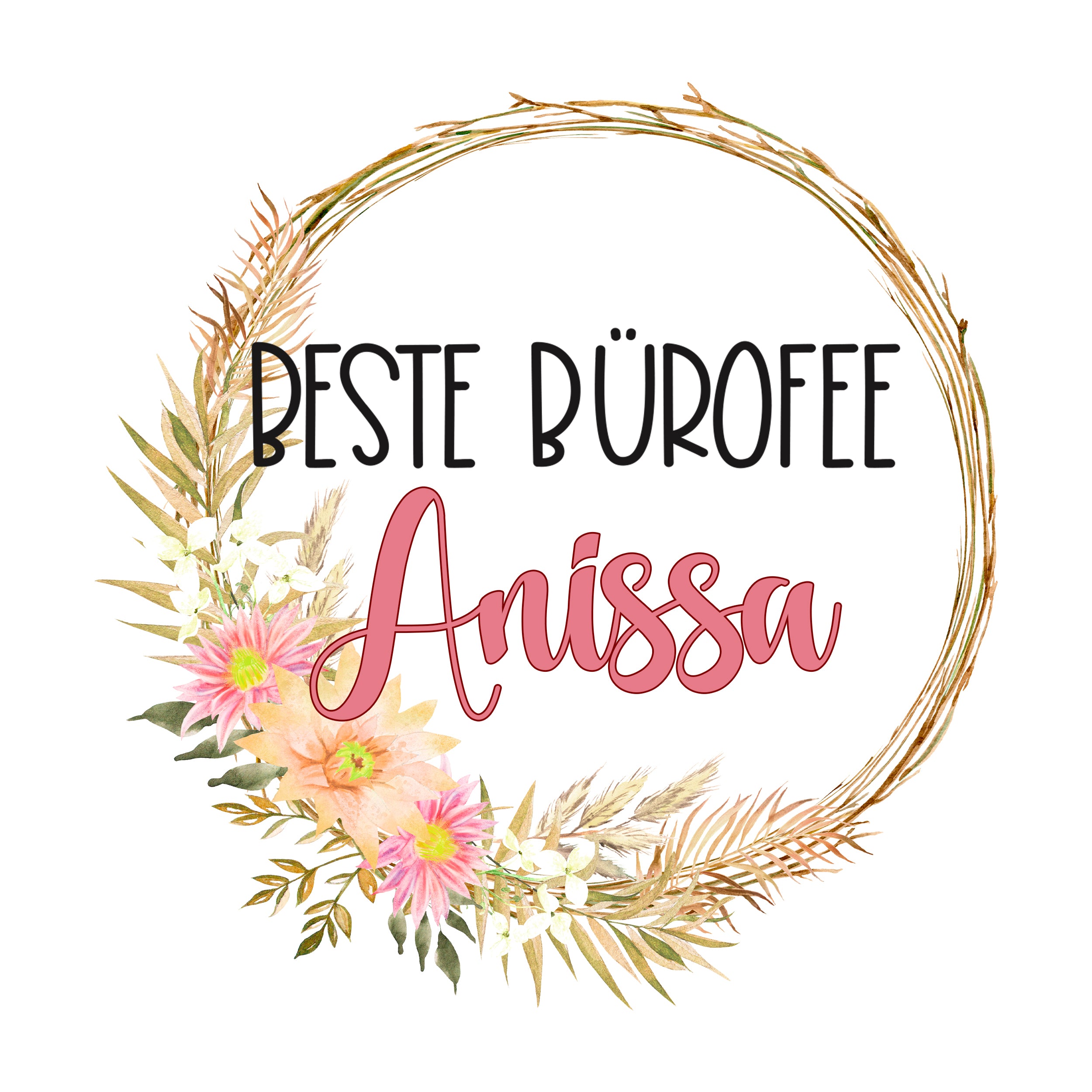 Beste Bürofee Anissa, florale Gestaltung, rosa und grüne Farben.