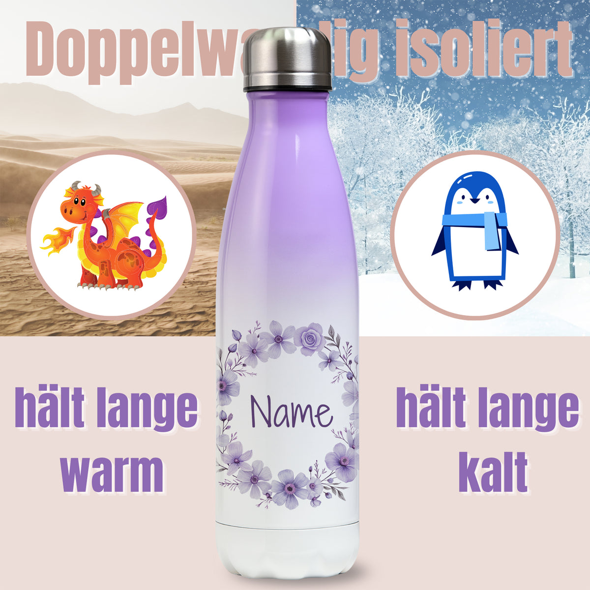 Thermos Trinkflasche mit lila Blumen