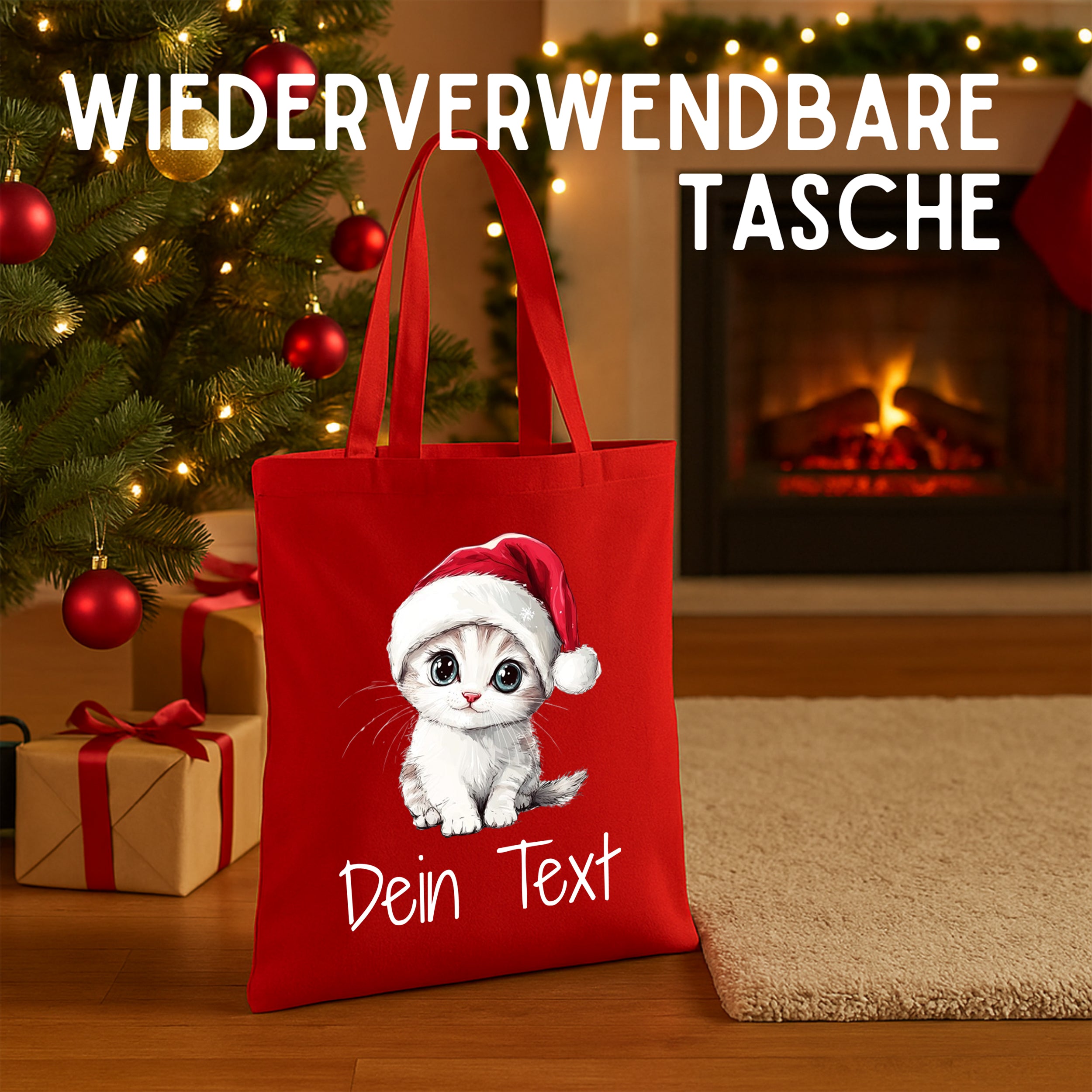 Rote wiederverwendbare Tasche mit Kätzchen im Weihnachtsmütze.