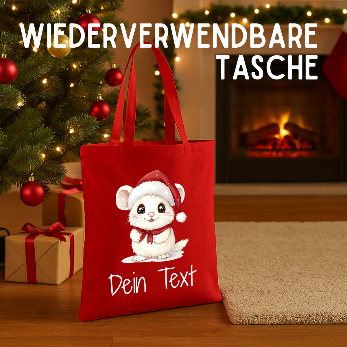Rote wiederverwendbare Tasche mit niedlichem Weihnachtsmotiv.