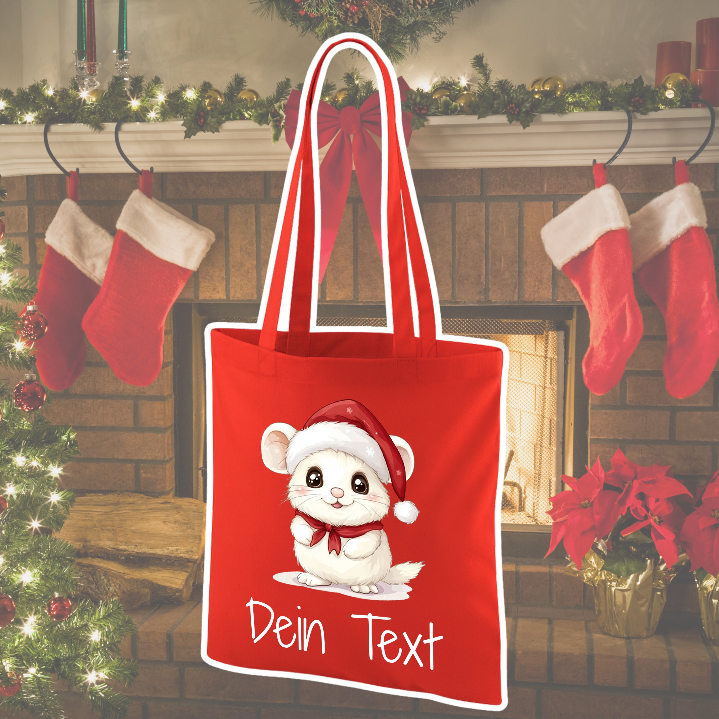 Rote Einkaufstasche mit niedlichem Weihnachtsmäuschen und personalisiertem Text.
