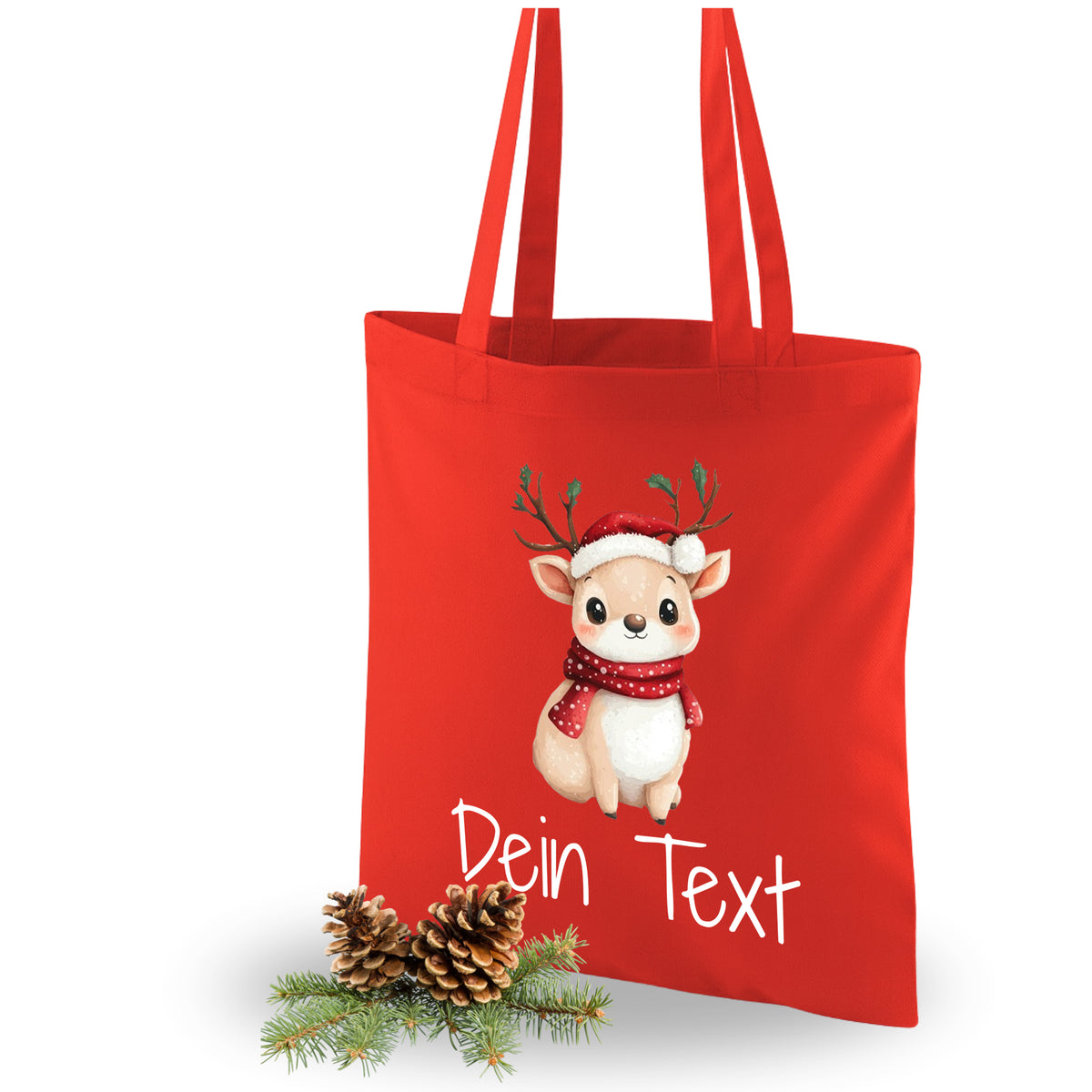 Rote Tragetasche mit Rentier-Motiv und personalisierbarem Text.