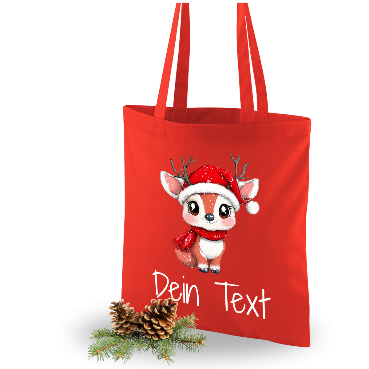 Rote Stofftasche mit Rentier-Motiv und personalisierbarem Text.