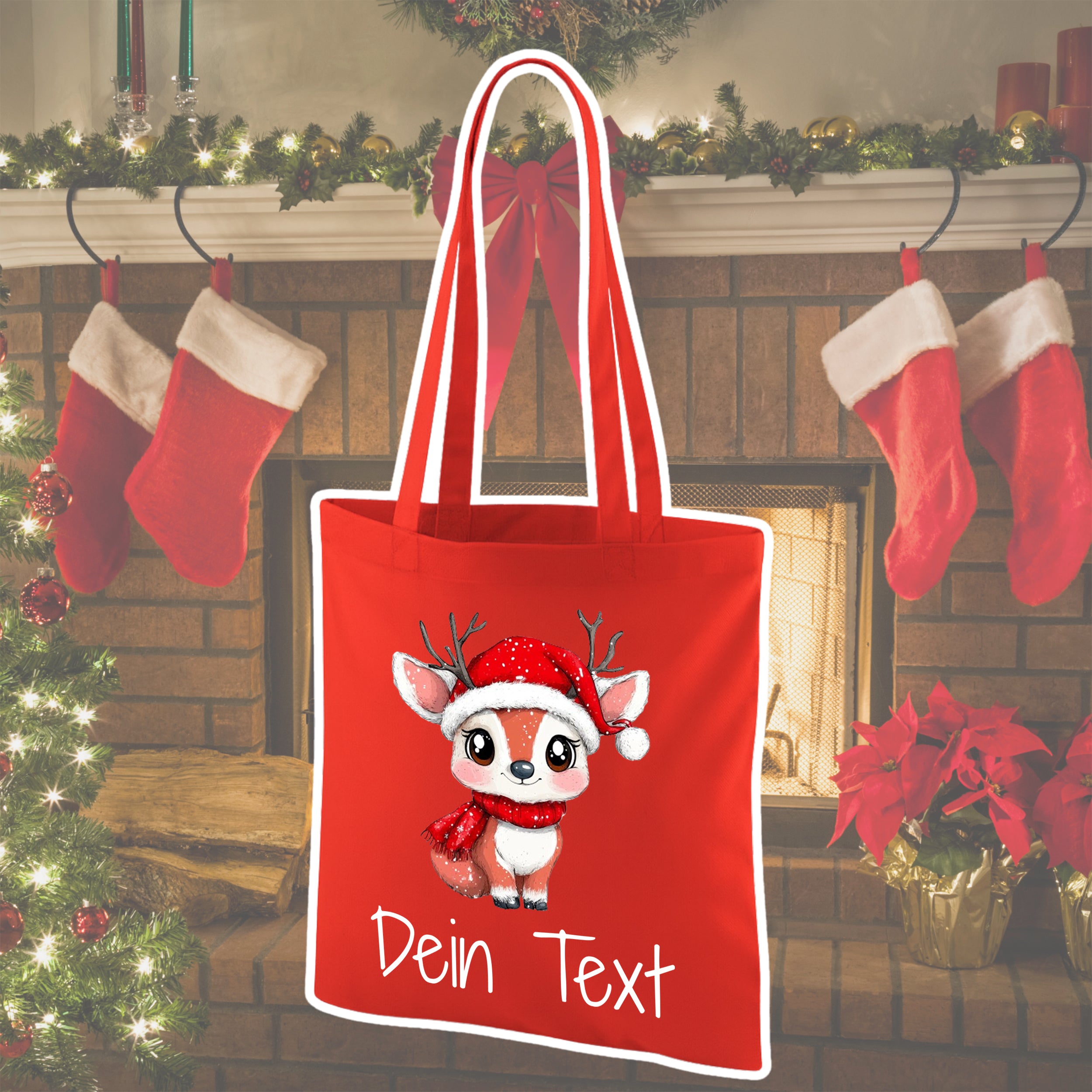Rote Einkaufstasche mit niedlichem Rentier-Motiv und personalisierbarem Text.
