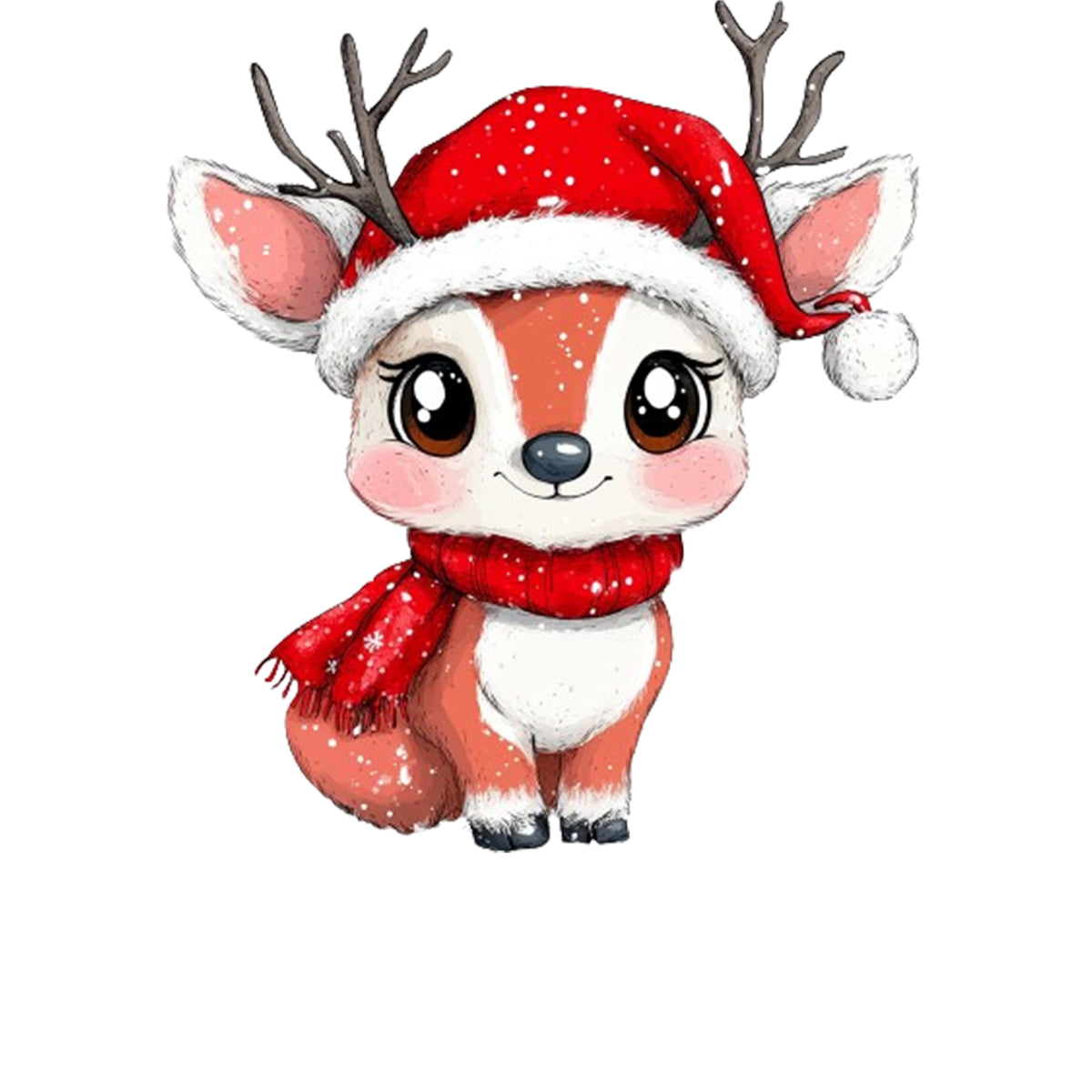 Niedliches Reh mit rotem Weihnachtsmann-Hut und Schal.
