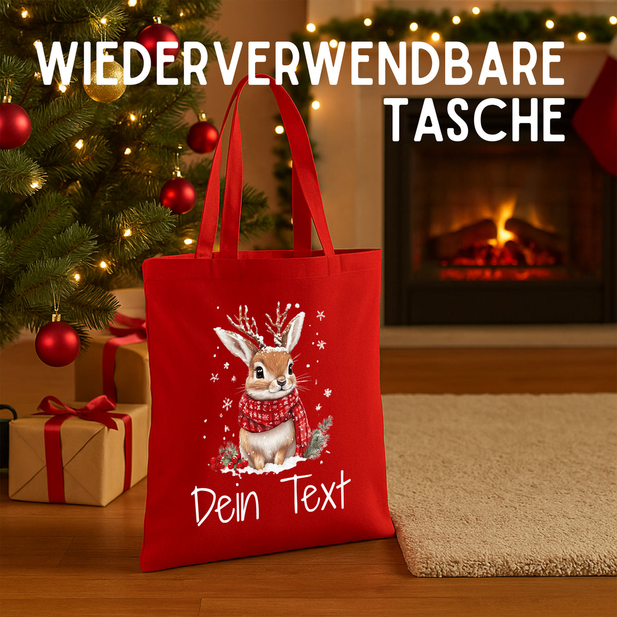 Wiederverwendbare rote Tasche mit niedlichem Hasenmotiv.