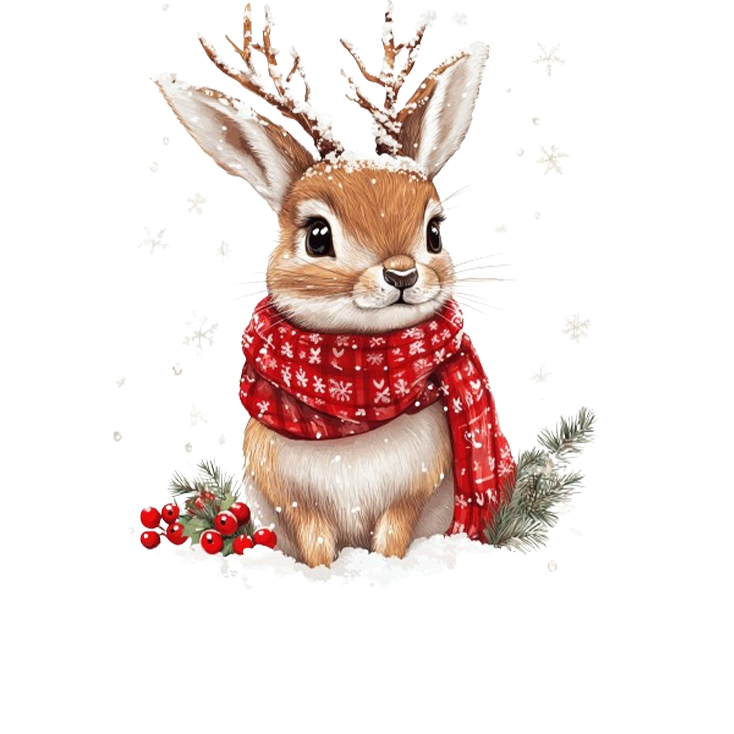 Hase mit Geweih, rotem Schal und Schneeflocken.