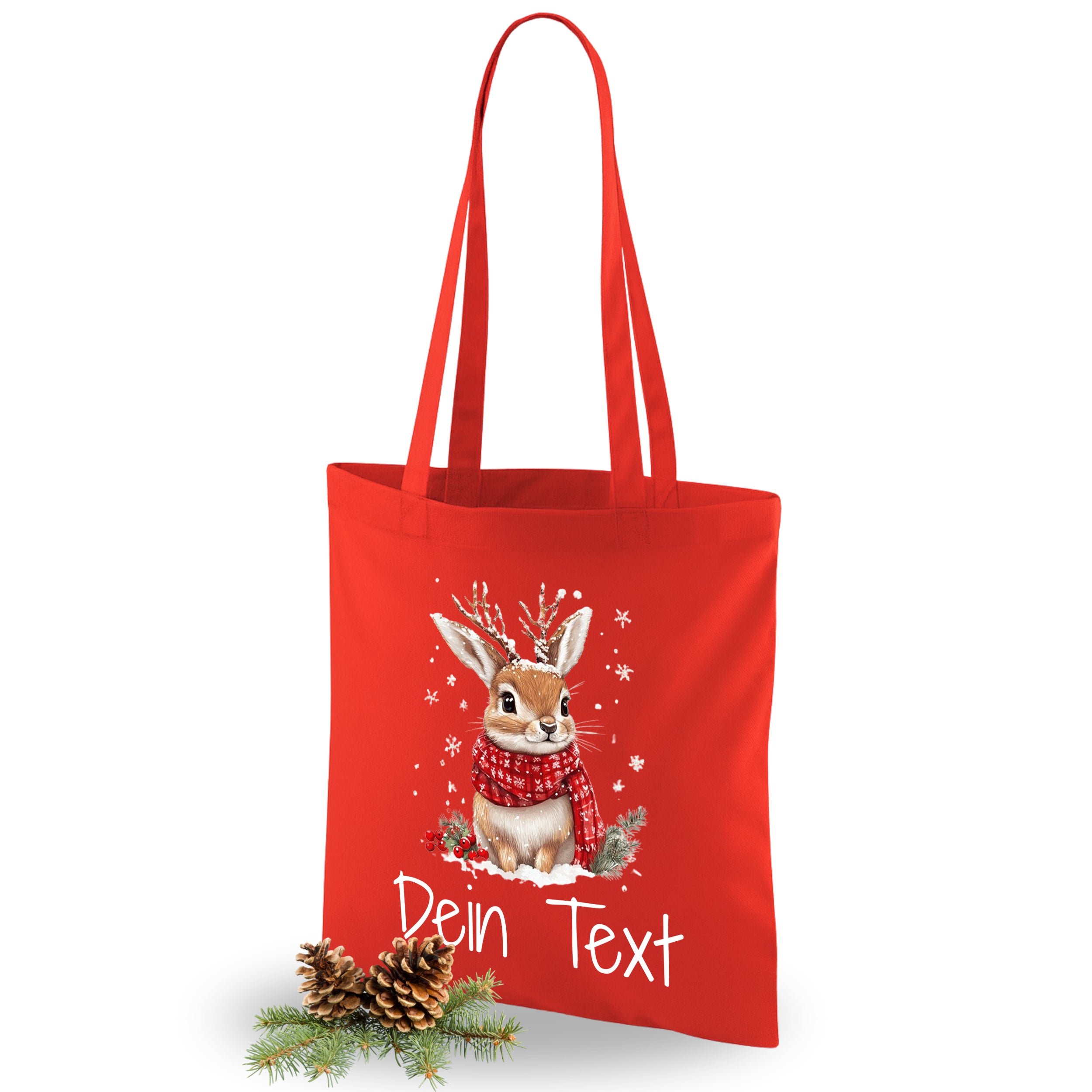 Rote Einkaufstasche mit Weihnachtskaninchen und personalisierbarem Text.
