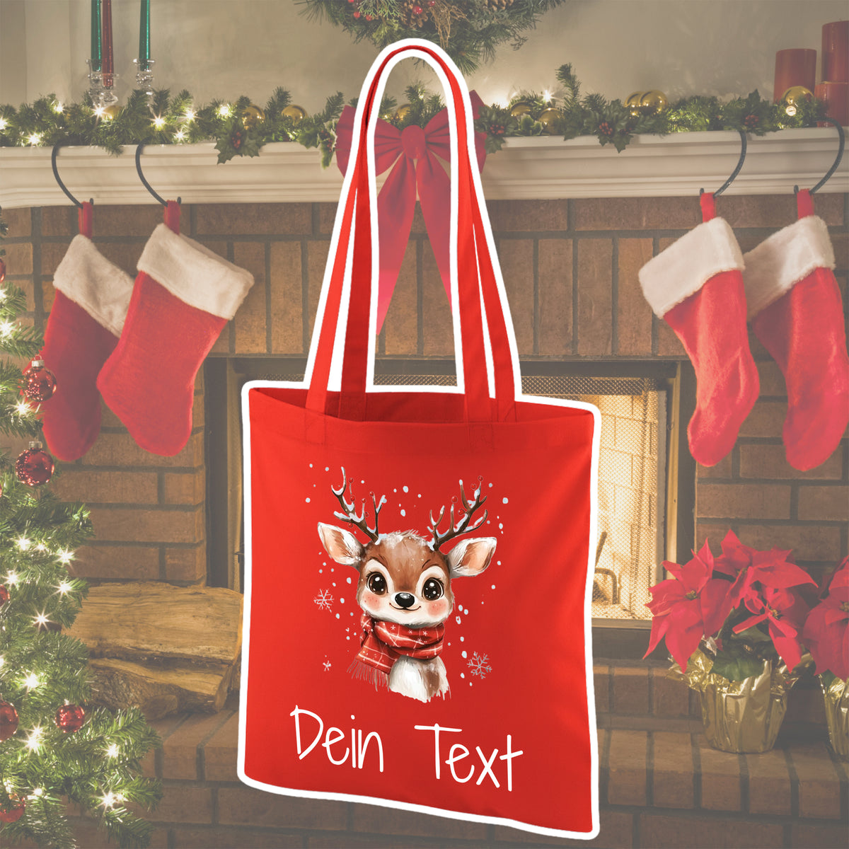 Rote Tragetasche mit niedlichem Rentiermotiv und personalisierbarem Text.