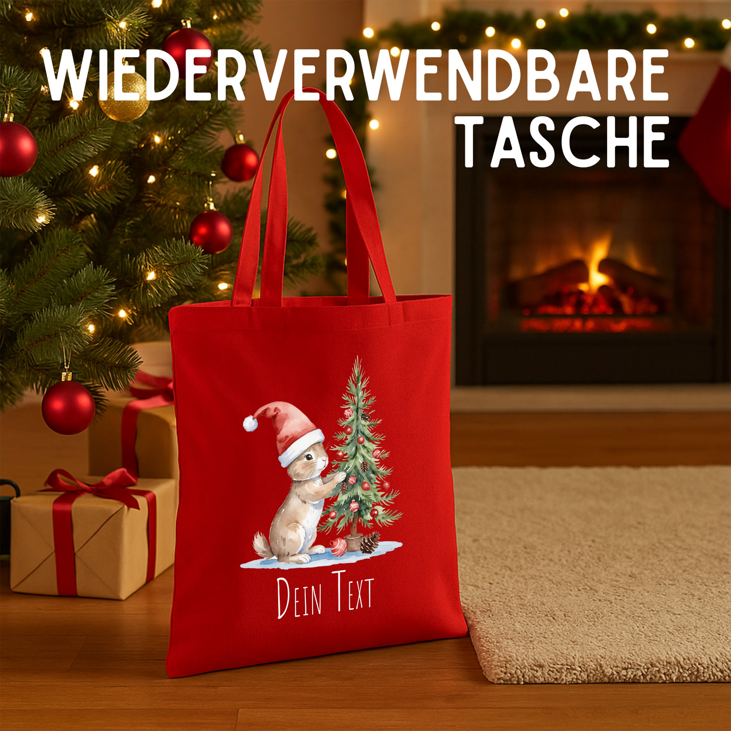 Rote wiederverwendbare Tasche mit Weihnachtsmotiv und Text.