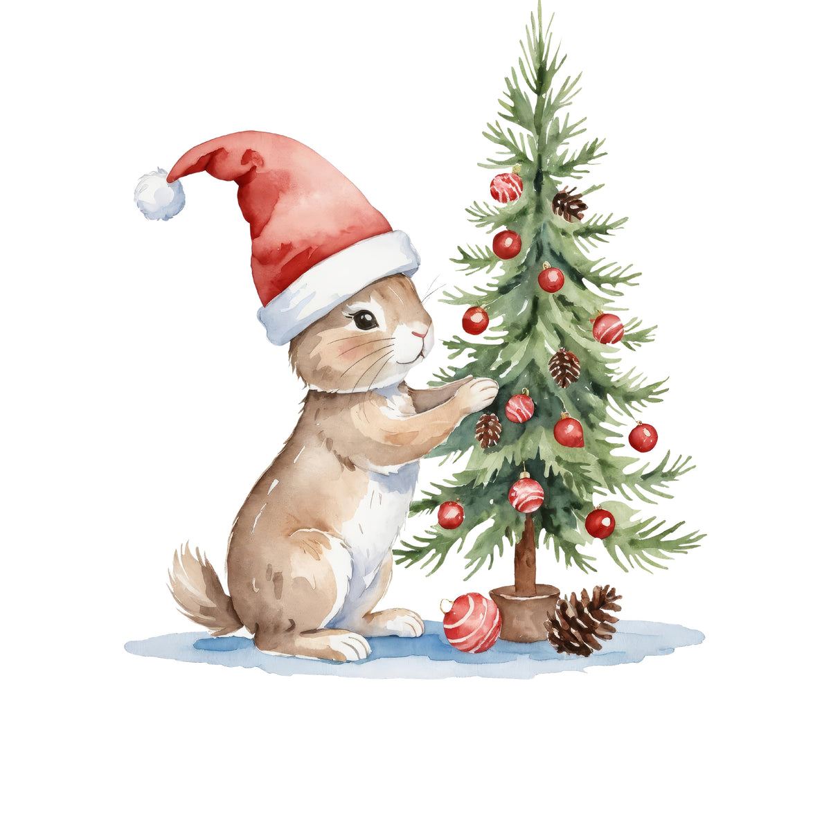 Hase mit rotem Weihnachtsmann-Hut dekoriert Tannenbaum.