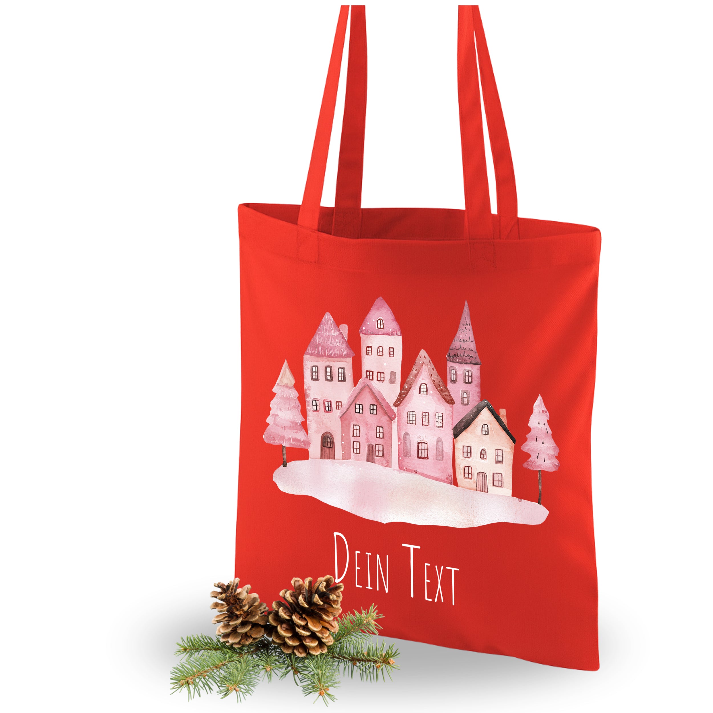 Rote Stofftasche mit Weihnachtsdorf-Motiv und personalisierbarem Text.