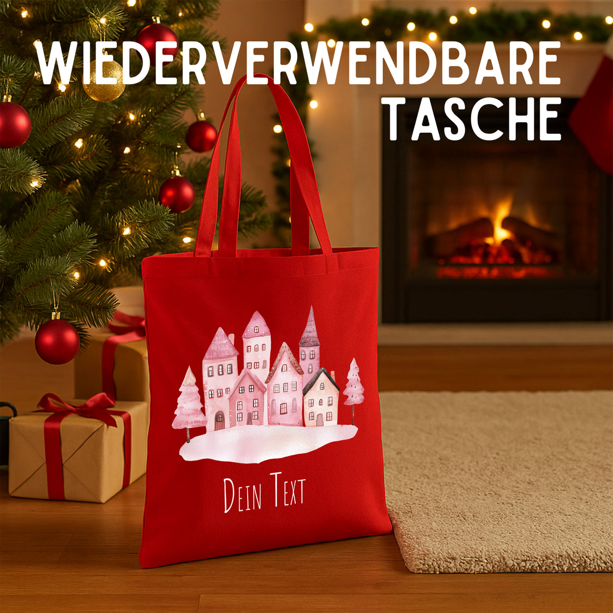 Rote wiederverwendbare Tasche mit winterlichem Hausmotiv.
