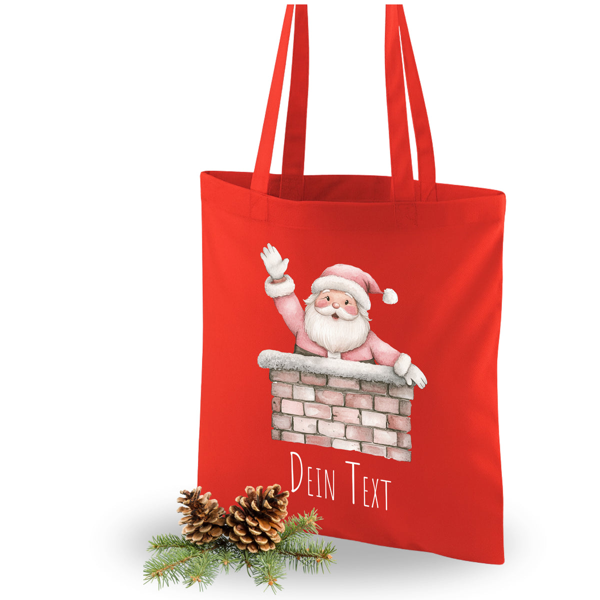 Rote Stofftasche mit Weihnachtsmann-Motiv und personalisierbarem Text.